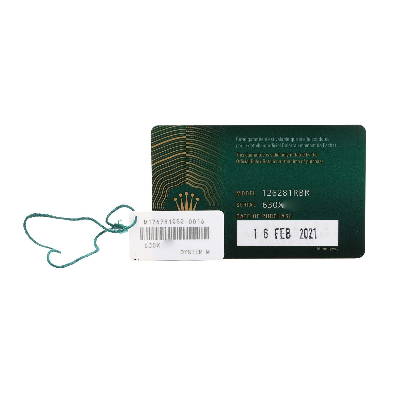 The image shows a Rolex Datejust 126281 Men's Steel and Gold (two tone) Pink Dial warranty card with model and serial numbers, plus a barcode tag and green string.