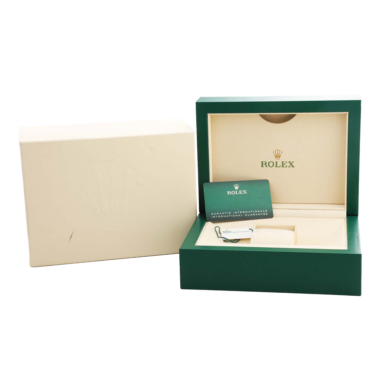 The image shows the open box of a Rolex Datejust 126281 Men's Steel and Gold (two tone) Pink Dial watch, its outer box, and accompanying cards and tags.