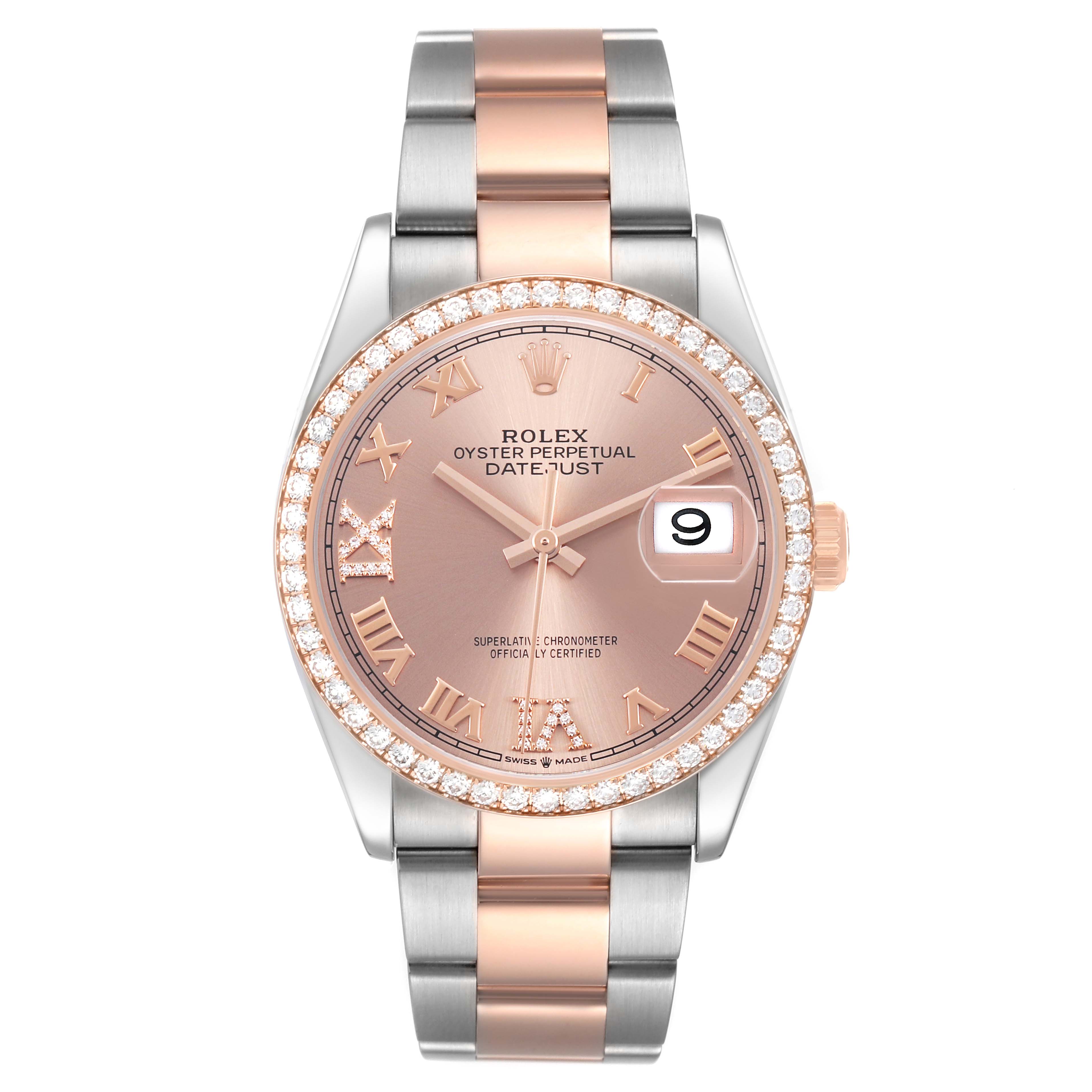 The Rolex Datejust 126281 Men's Steel and Gold (two tone) Pink Dial watch is shown from the front, displaying the face, bezel, bracelet, hands, and date window clearly.