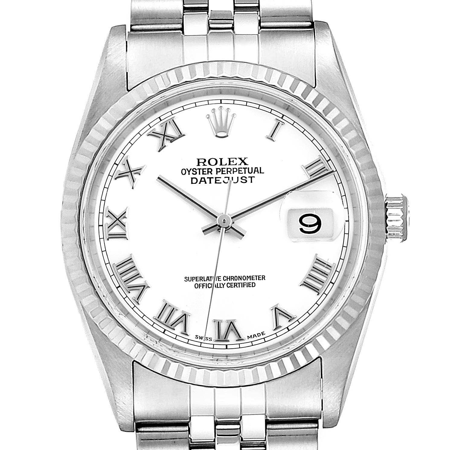 This image shows a front-facing view of a Rolex Datejust 16234 Men's Stainless Steel White Dial 16234 Men's Stainless Steel White Dial watch, highlighting the dial, bezel, and bracelet.