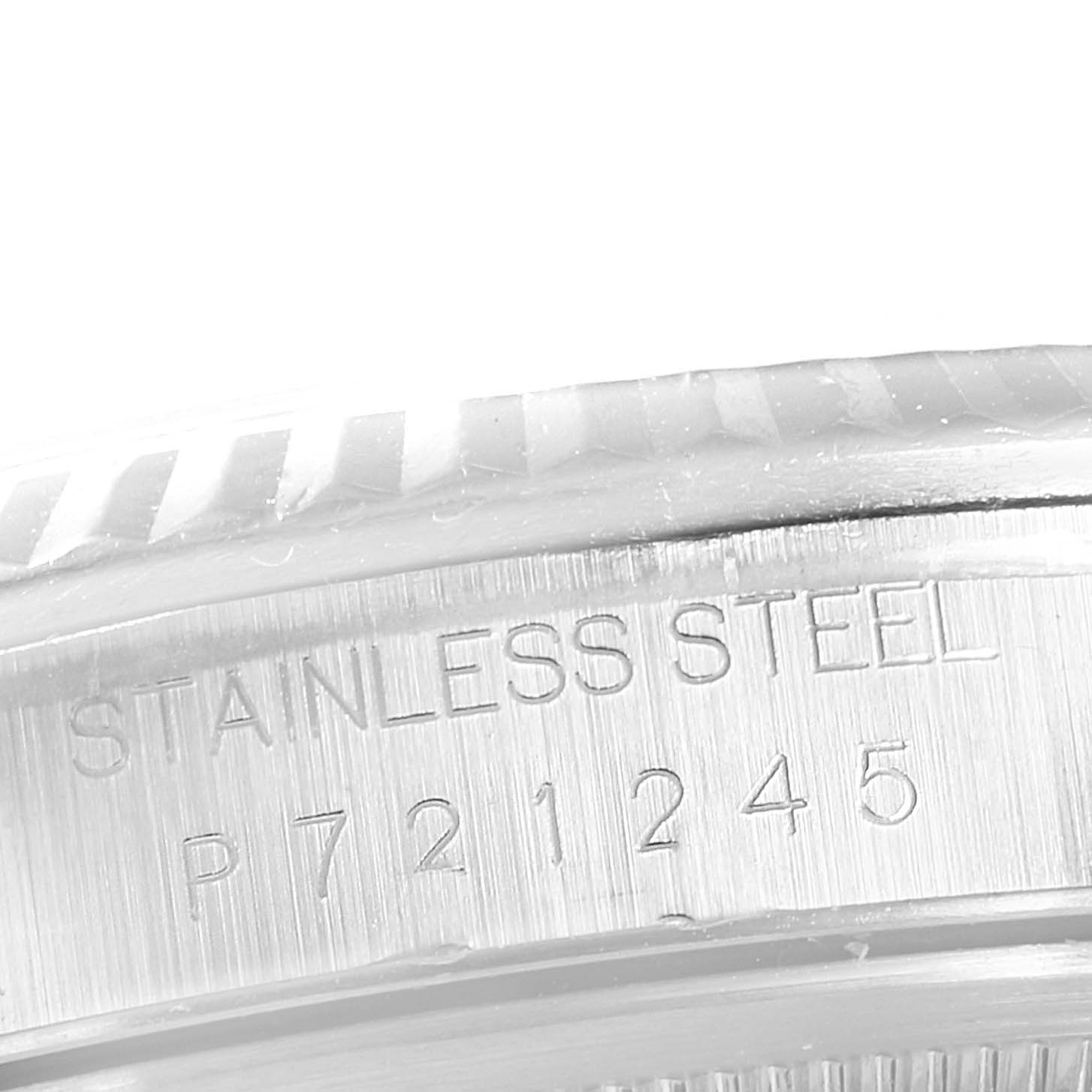 This image shows a close-up of the stainless steel casing and serial number of the Rolex Datejust 16234 Men's Stainless Steel White Dial 16234 Men's Stainless Steel White Dial watch.