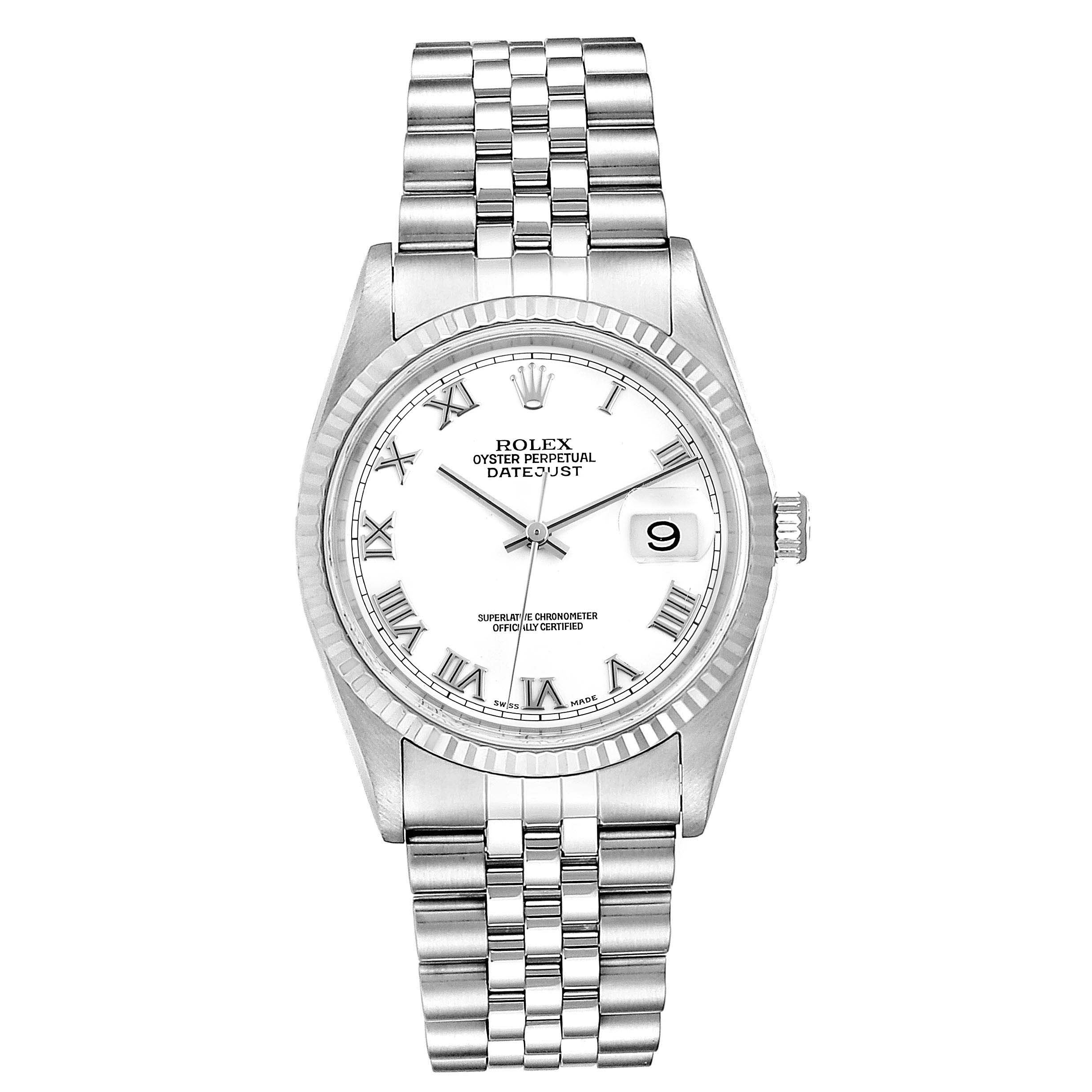 This image shows a front view of a Rolex Datejust 16234 Men's Stainless Steel White Dial 16234 Men's Stainless Steel White Dial watch, displaying its dial, bezel, and bracelet.