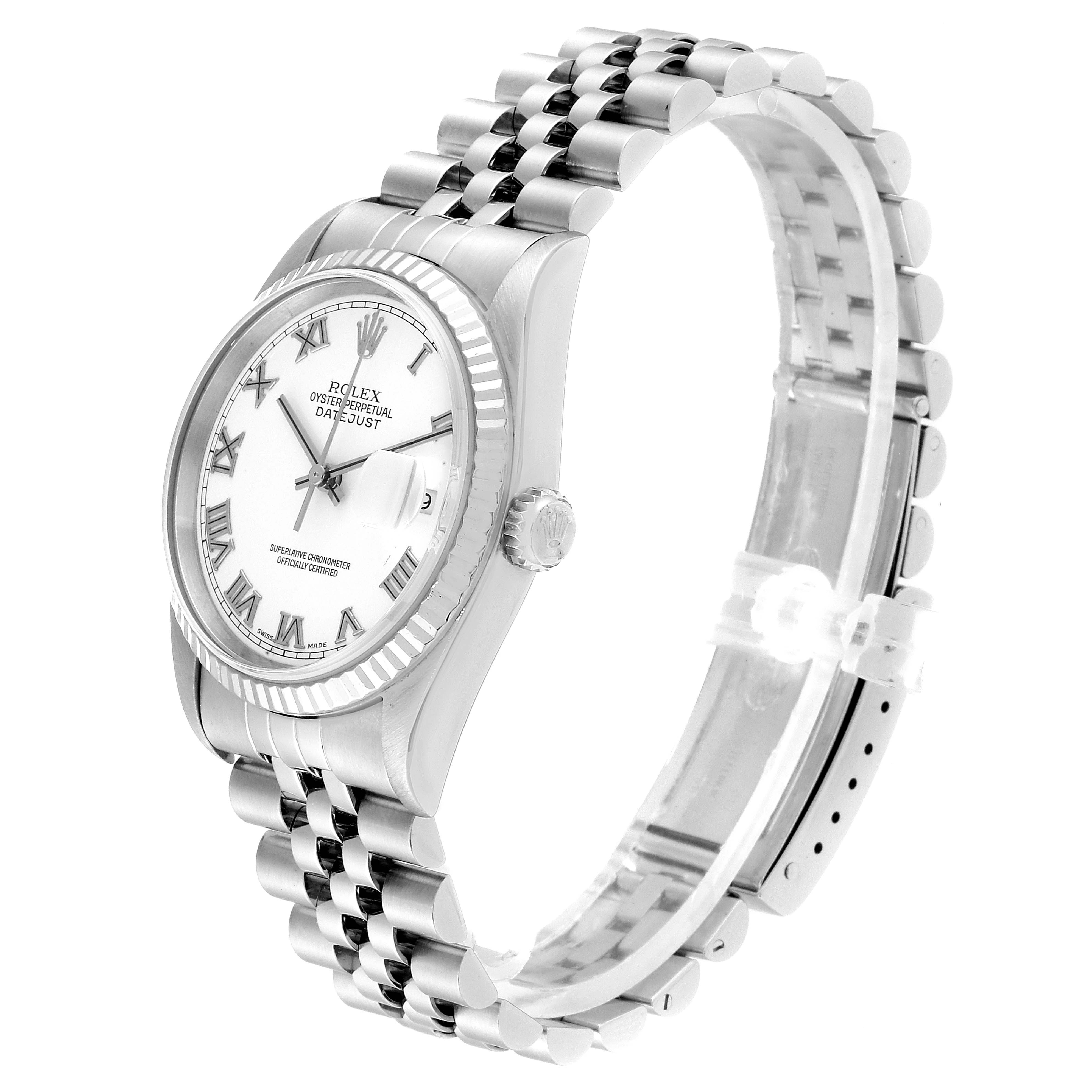 The image shows a side angle of a Rolex Datejust 16234 Men's Stainless Steel White Dial 16234 Men's Stainless Steel White Dial watch, highlighting its face, bezel, crown, and jubilee bracelet.