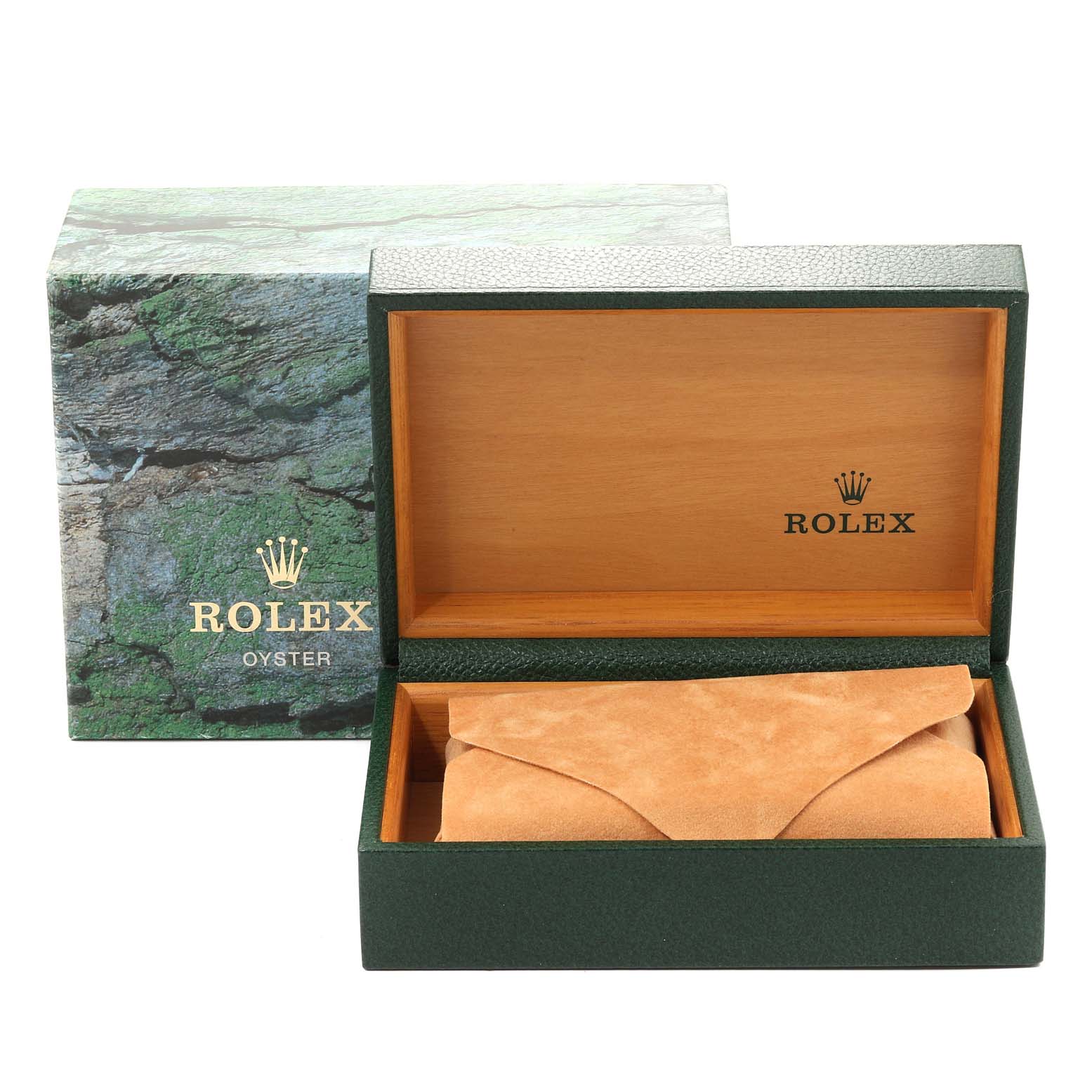 The image shows a Rolex Datejust 16234 Men's Stainless Steel White Dial 16234 Men's Stainless Steel White Dial model watch box, partially open with a leather pouch inside and the outer packaging behind.