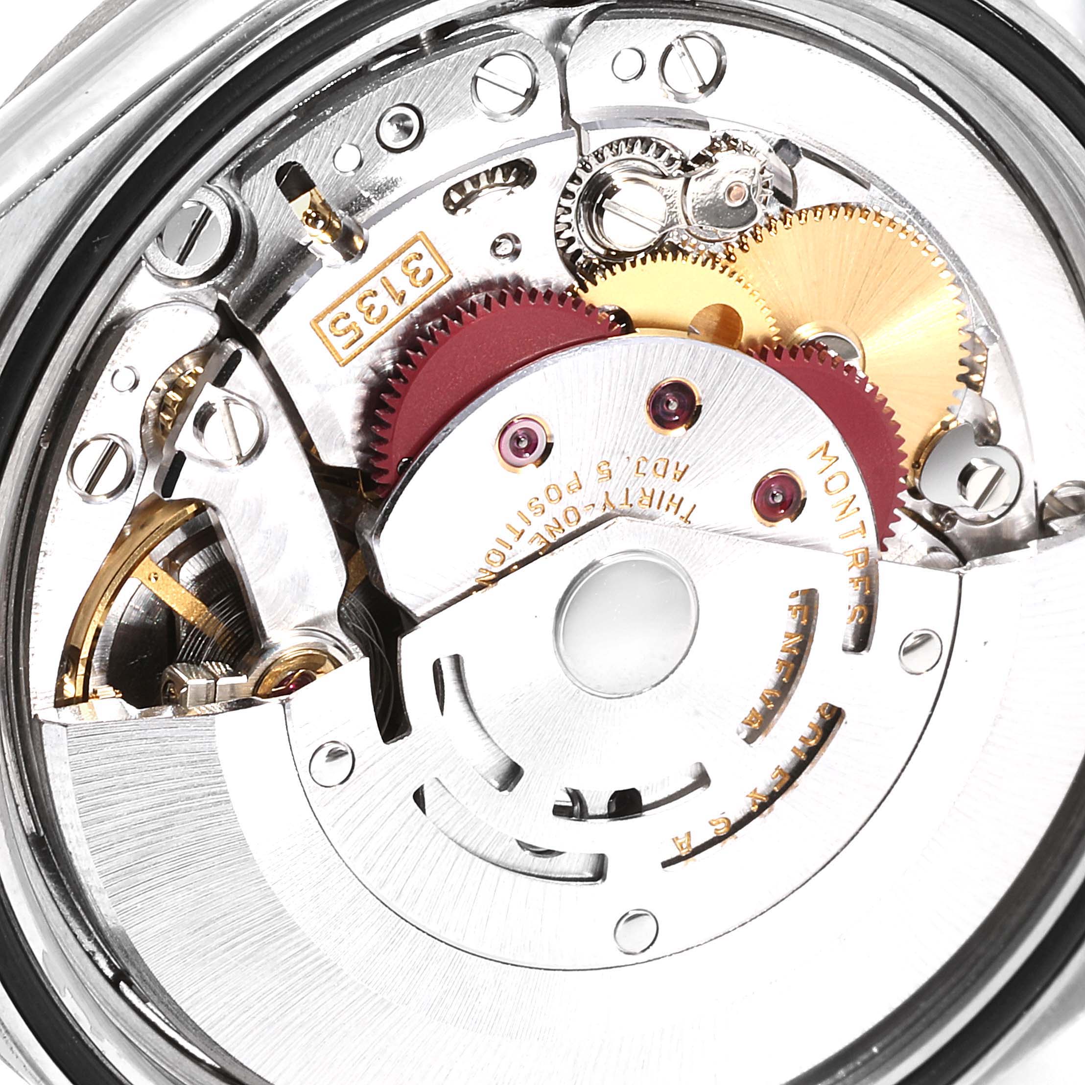 The image shows the internal movement mechanism of a Rolex Datejust 16234 Men's Stainless Steel White Dial 16234 Men's Stainless Steel White Dial watch from a close-up, top-down angle.