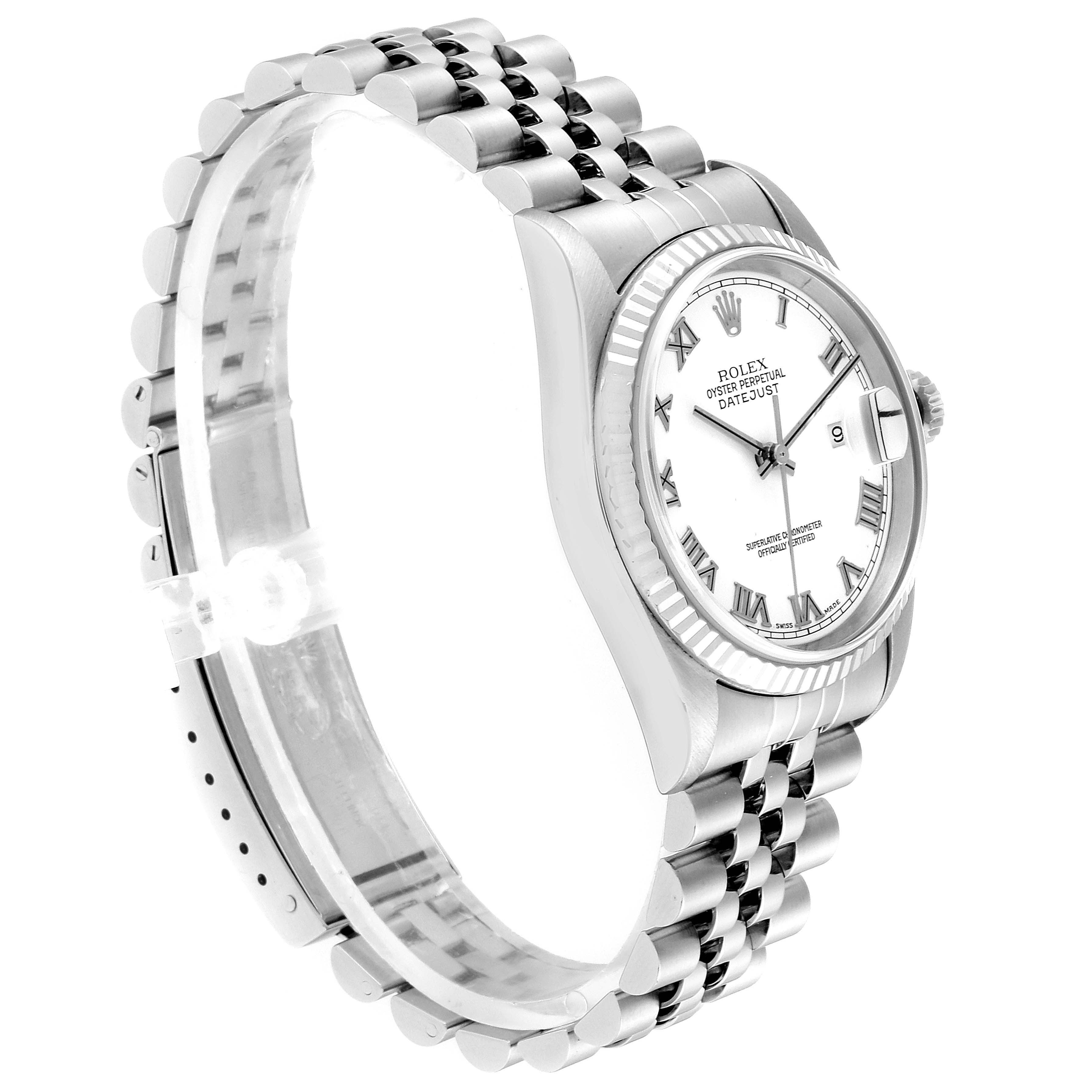 The image shows a Rolex Datejust 16234 Men's Stainless Steel White Dial 16234 Men's Stainless Steel White Dial watch at an angled side view, highlighting the face, bezel, and bracelet.