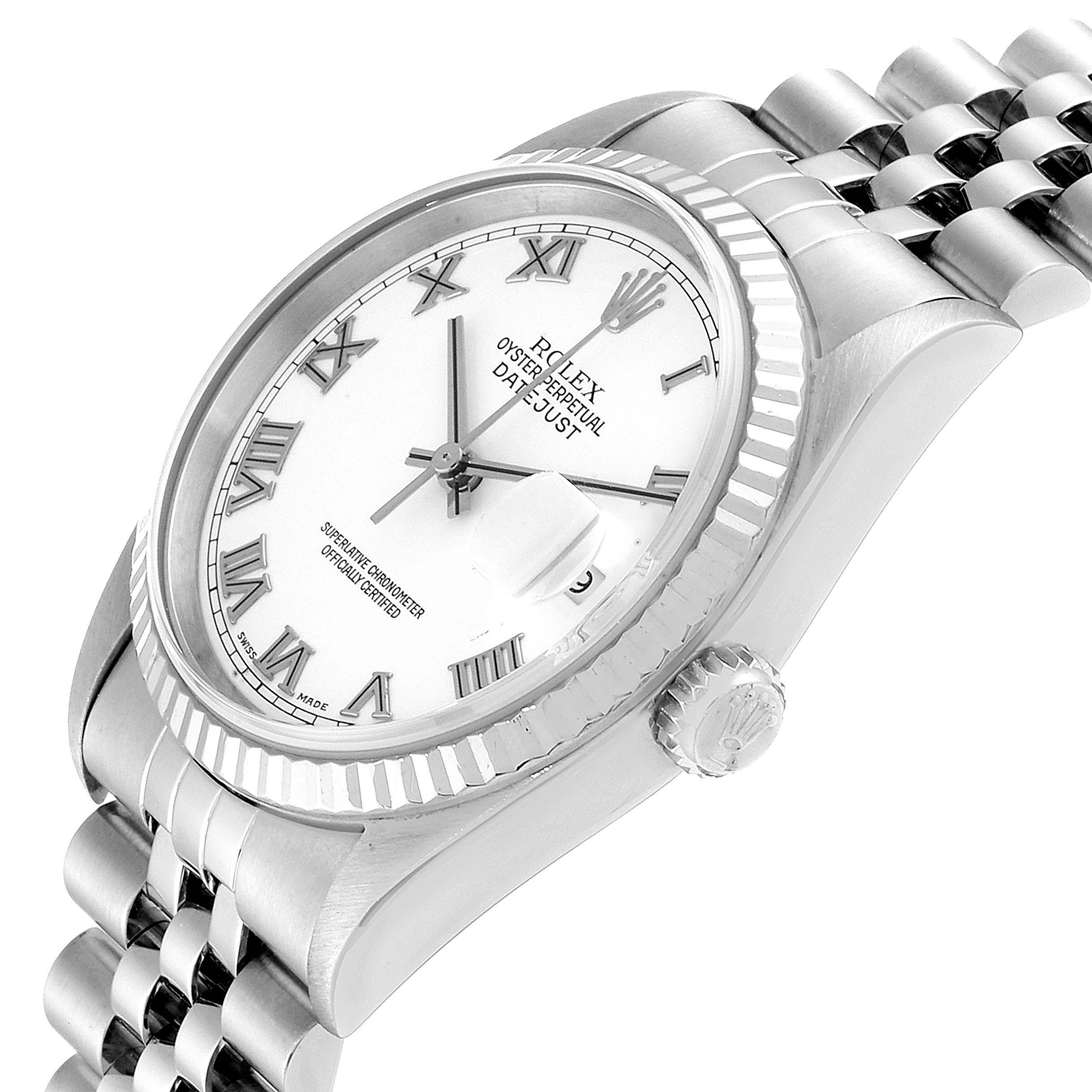 The image shows a side and partial top view of a Rolex Datejust 16234 Men's Stainless Steel White Dial 16234 Men's Stainless Steel White Dial, highlighting the dial, bezel, crown, and bracelet.