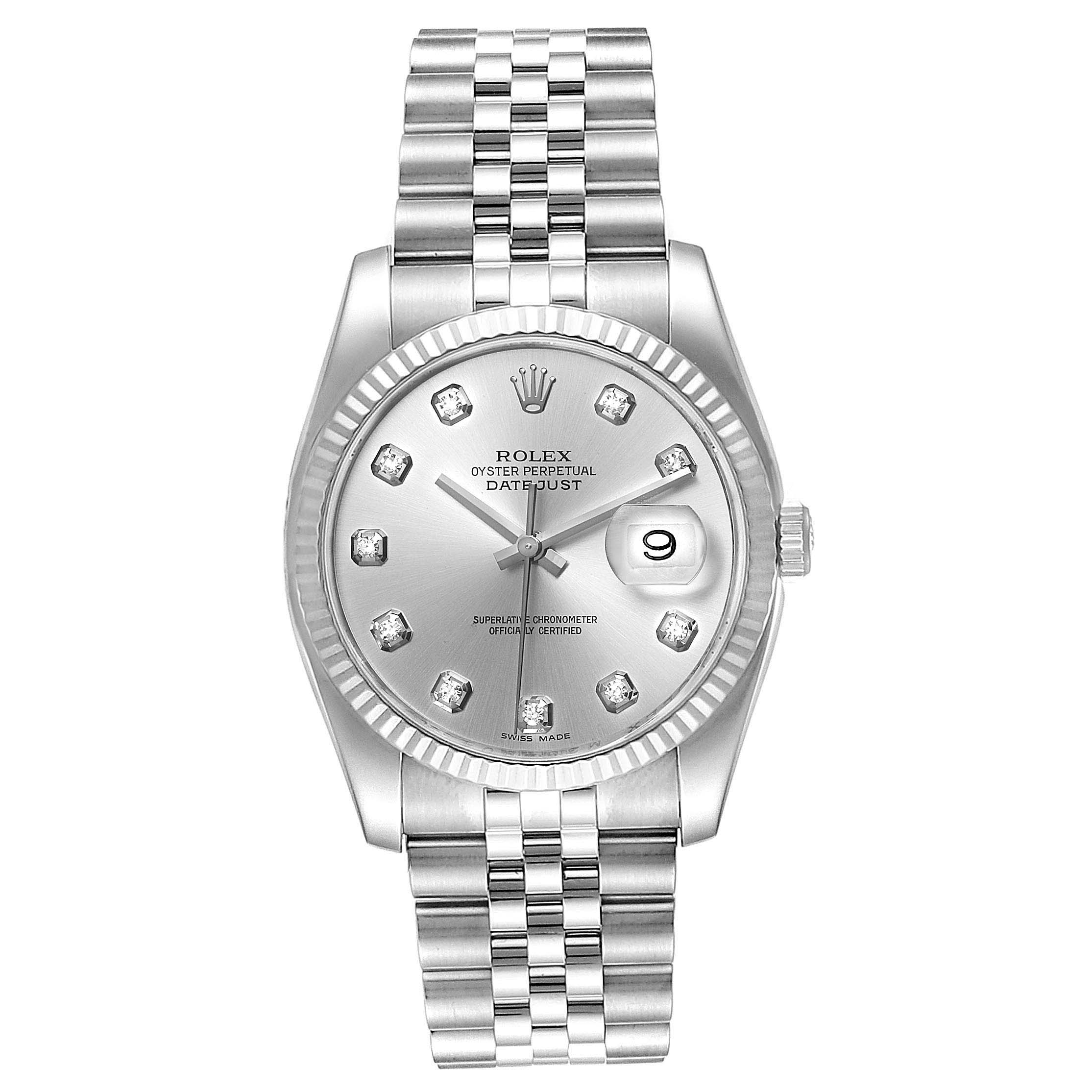 The image shows a front view of a Rolex Datejust 116234 Men's Stainless Steel Silver Dial 116234 Men's Stainless Steel Silver Dial watch, displaying its dial, bracelet, and the date window.