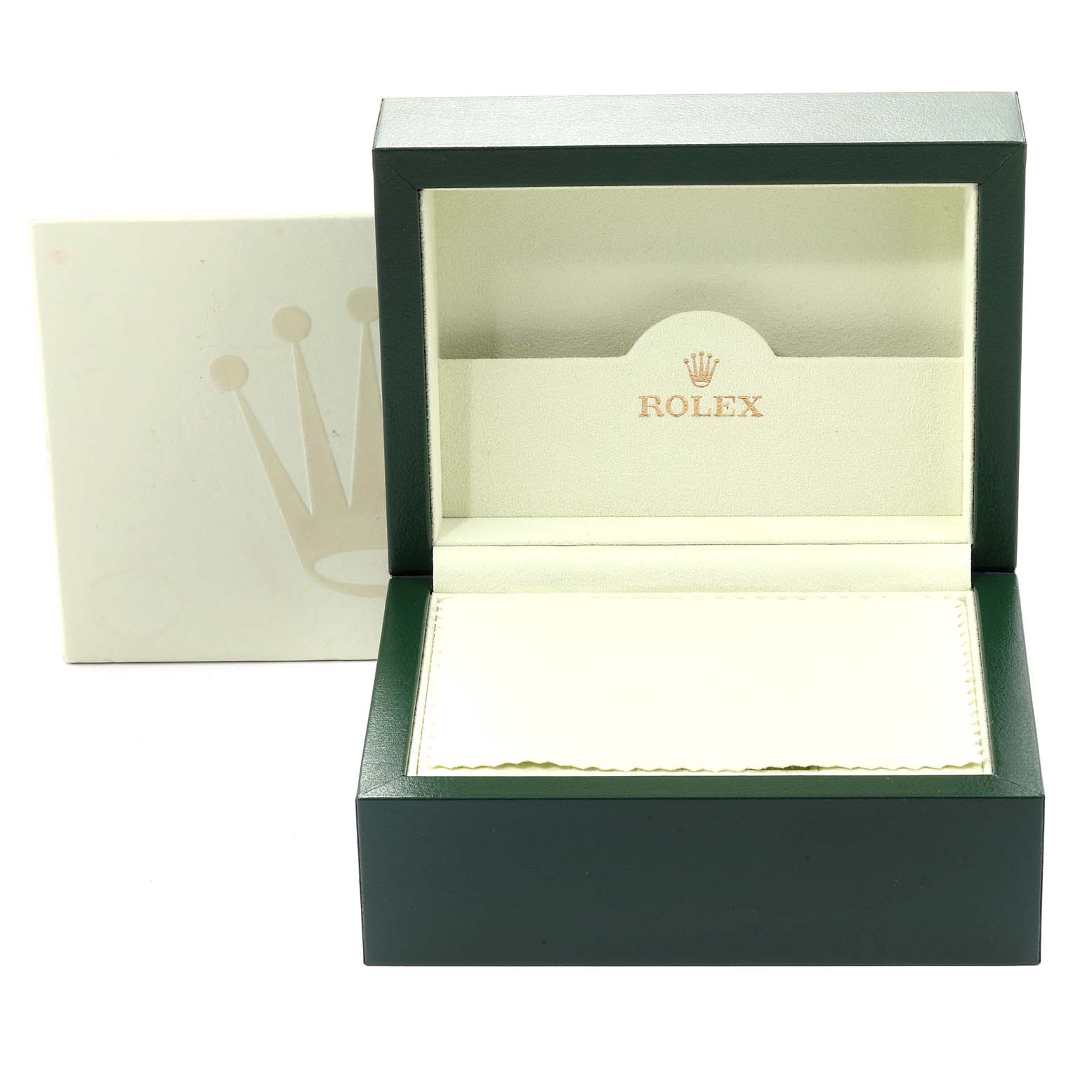 The image shows an open box for a Rolex Datejust 116234 Men's Stainless Steel Silver Dial 116234 Men's Stainless Steel Silver Dial watch, with the box cover featuring the Rolex logo.