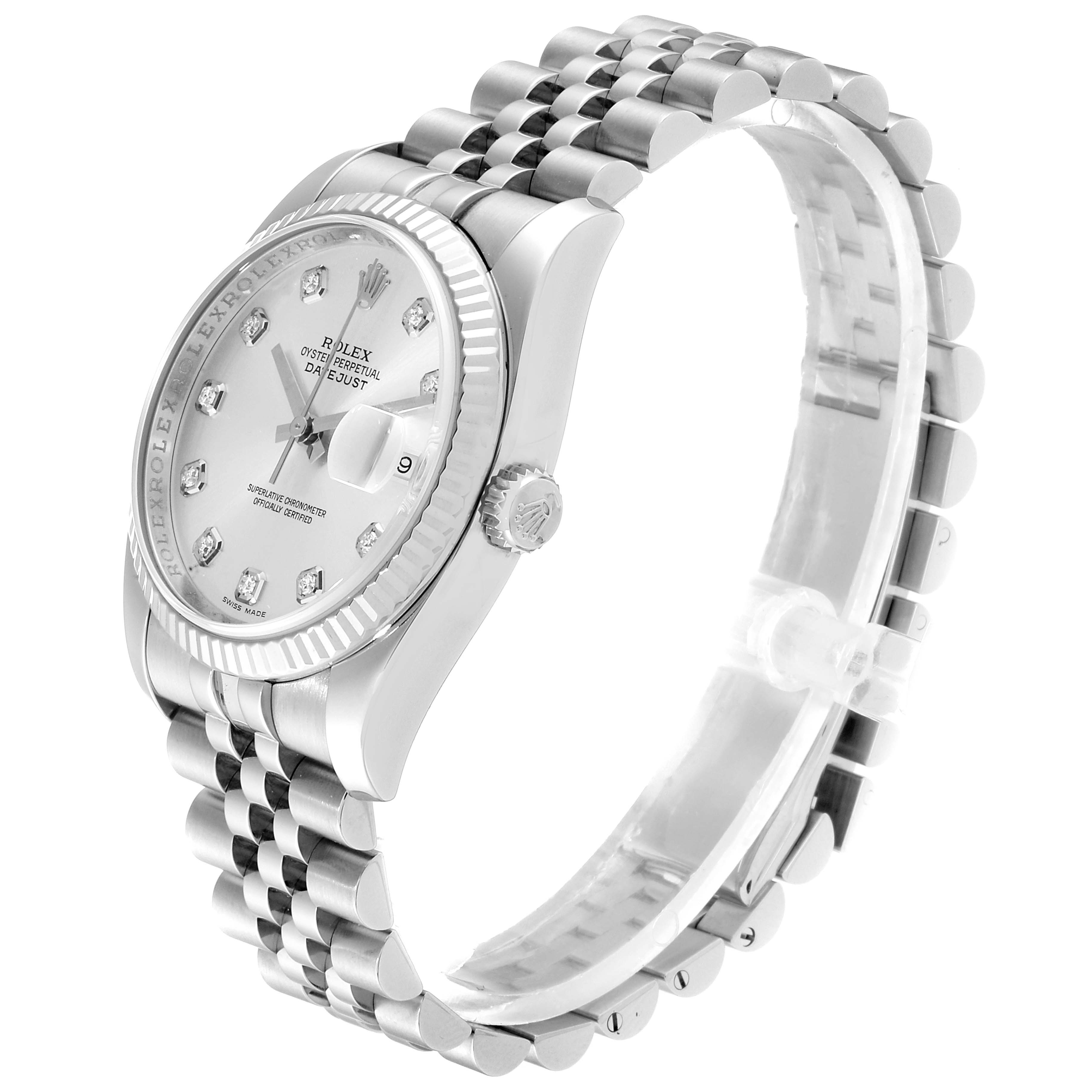 This image shows a side-angle view of a Rolex Datejust 116234 Men's Stainless Steel Silver Dial 116234 Men's Stainless Steel Silver Dial watch, highlighting its bezel, dial, bracelet, and crown.