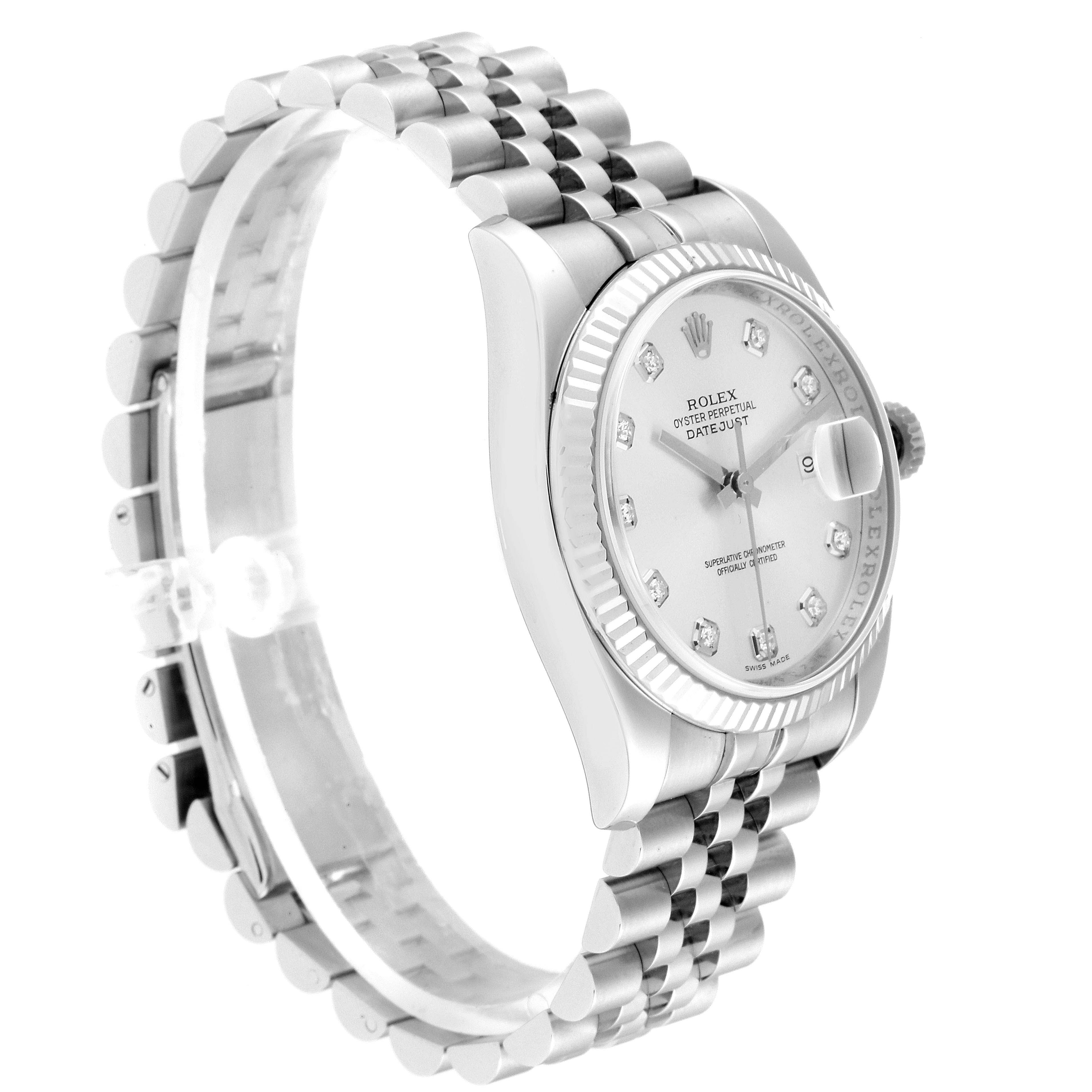 The image shows a side perspective view of a Rolex Datejust 116234 Men's Stainless Steel Silver Dial 116234 Men's Stainless Steel Silver Dial watch, highlighting the face, bezel, and part of the bracelet.