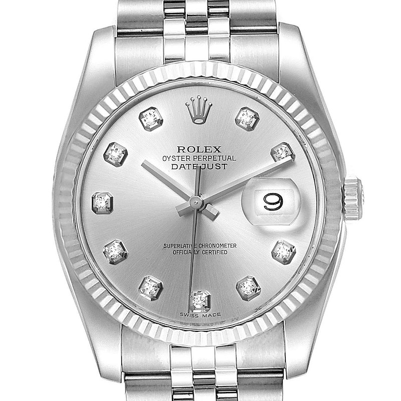 The image shows a front view of the Rolex Datejust watch, highlighting its dial, bezel, and part of the bracelet.