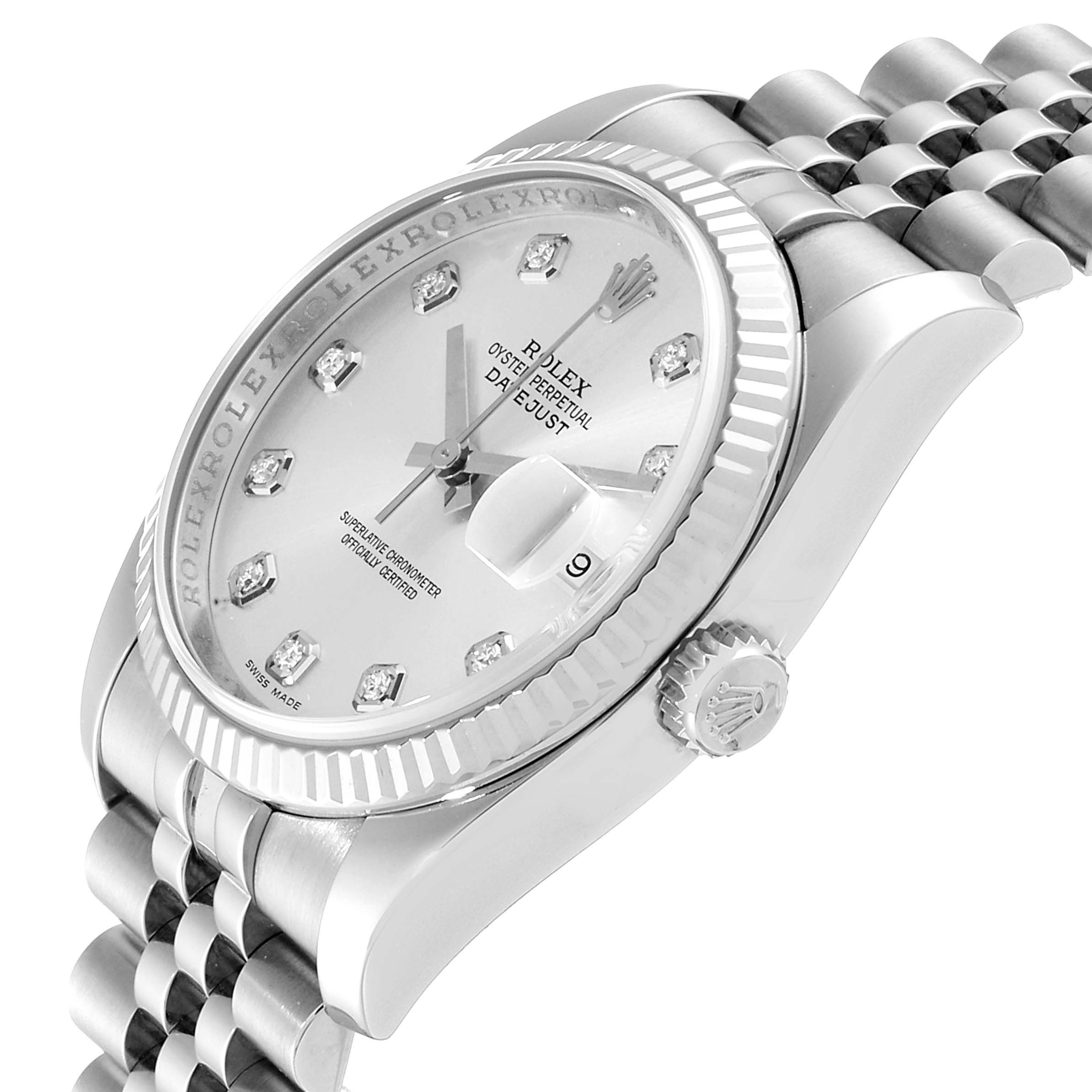 This Rolex Datejust 116234 Men's Stainless Steel Silver Dial 116234 Men's Stainless Steel Silver Dial watch is shown at an angled side view highlighting the dial, bezel, crown, and part of the bracelet.