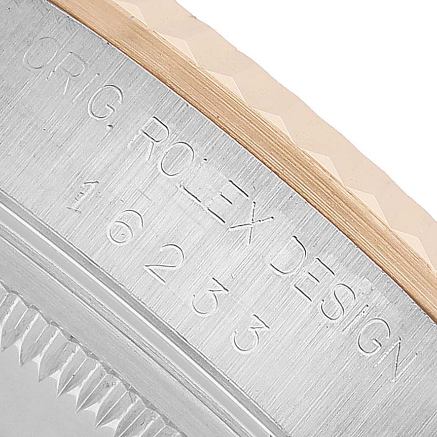 The image shows a close-up of the engraved case side of the Rolex Datejust 16233 Men's Stainless Steel White Dial, highlighting the model number.