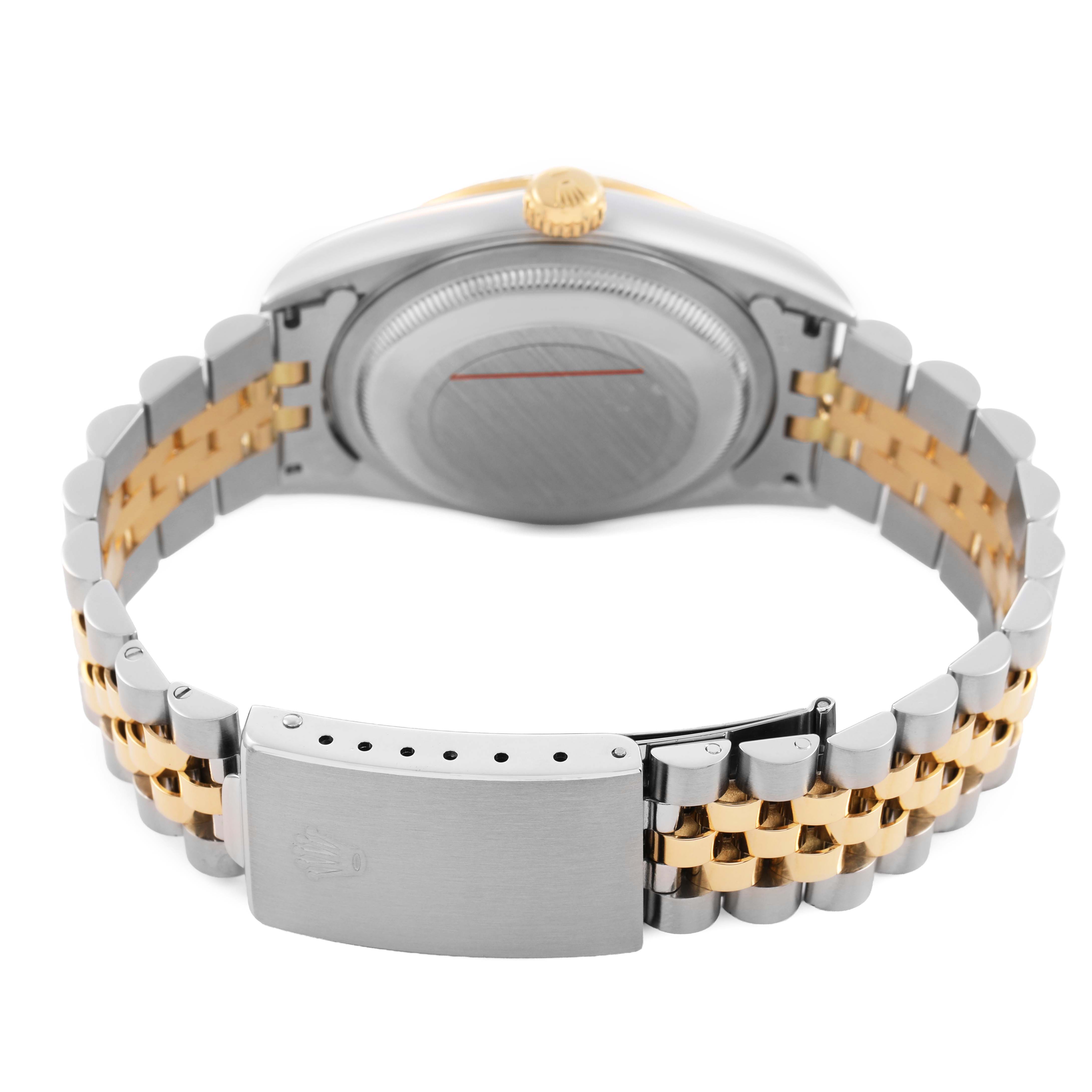 The image shows the Rolex Datejust 16233 Men's Stainless Steel White Dial clasp and the watch back, viewed from the underside.