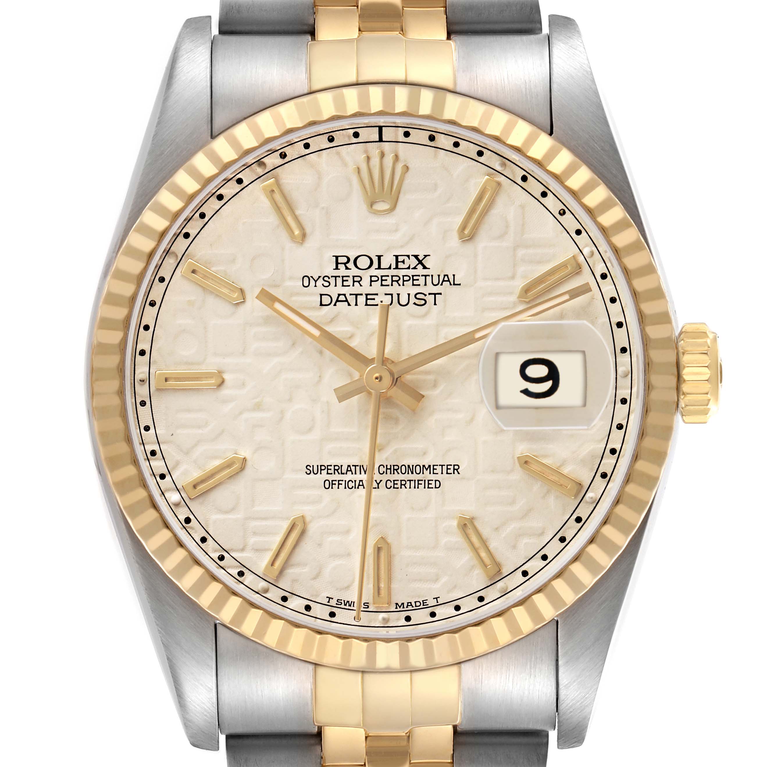 The image shows a Rolex Datejust 16233 Men's Stainless Steel White Dial watch from a front angle, highlighting the dial, bezel, and case.