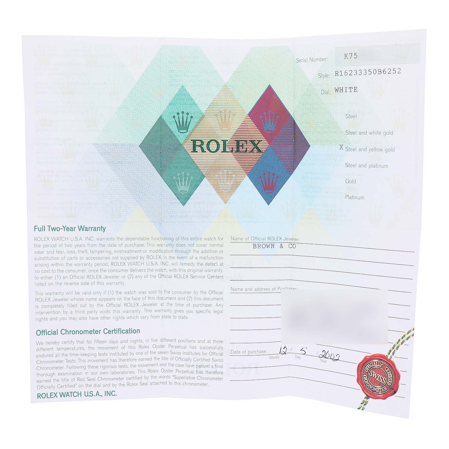 This image shows an official warranty card for a Rolex Datejust 16233 Men's Stainless Steel White Dial, featuring warranty and certification details.
