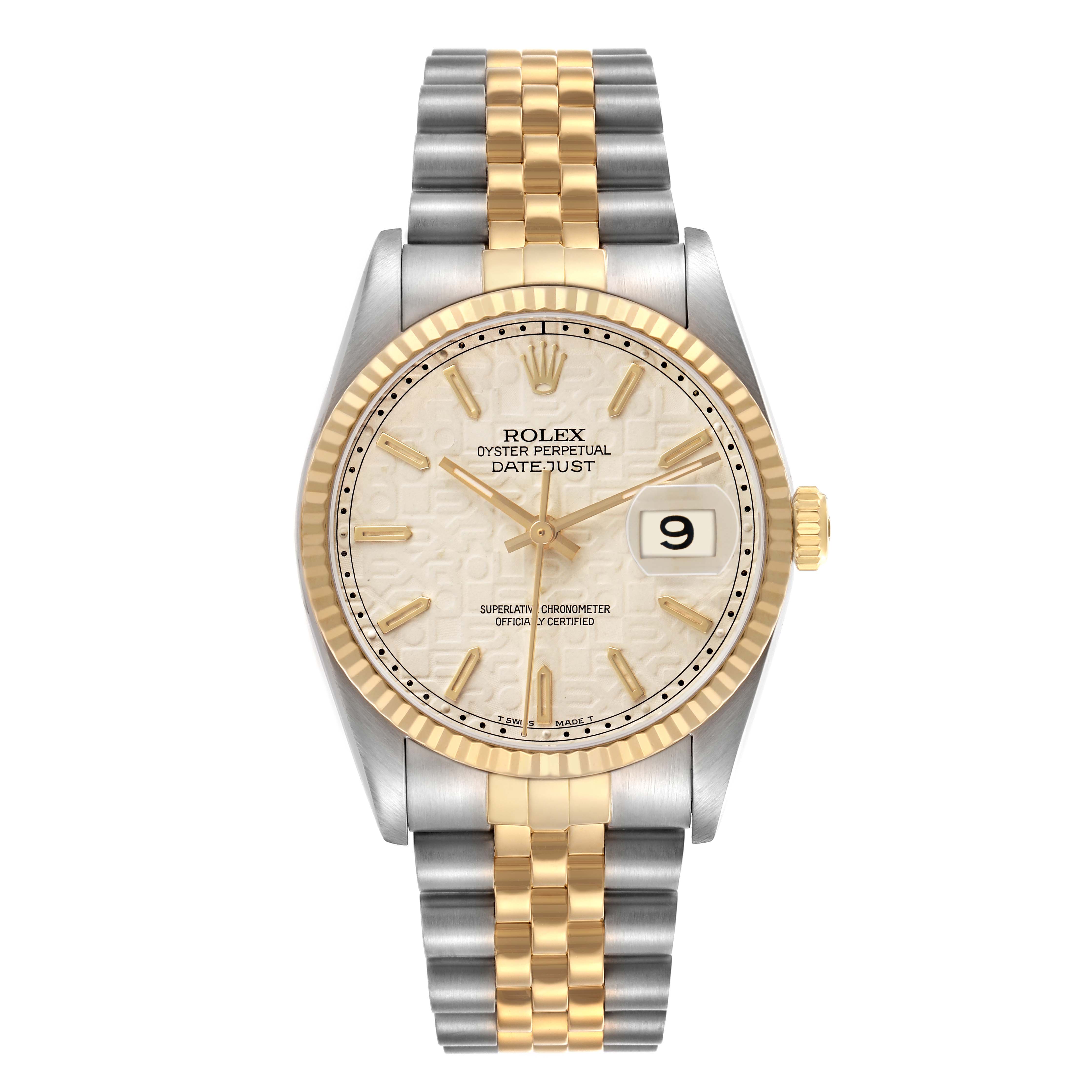 The Rolex Datejust 16233 Men's Stainless Steel White Dial watch is shown from the front, highlighting its face, bezel, crown, and two-tone bracelet.