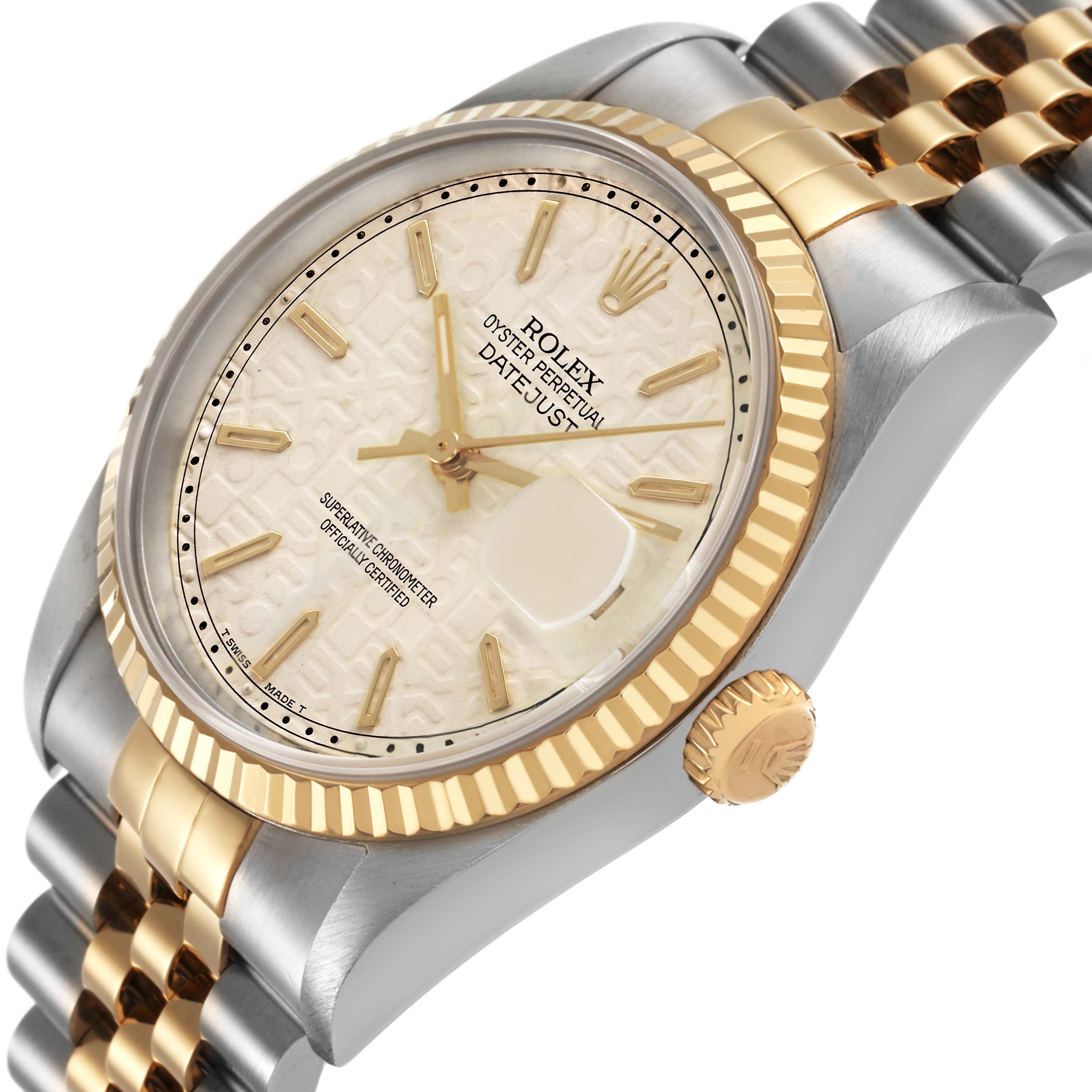 The Rolex Datejust 16233 Men's Stainless Steel White Dial watch is shown at an angled view, highlighting the dial, fluted bezel, and part of the jubilee bracelet.