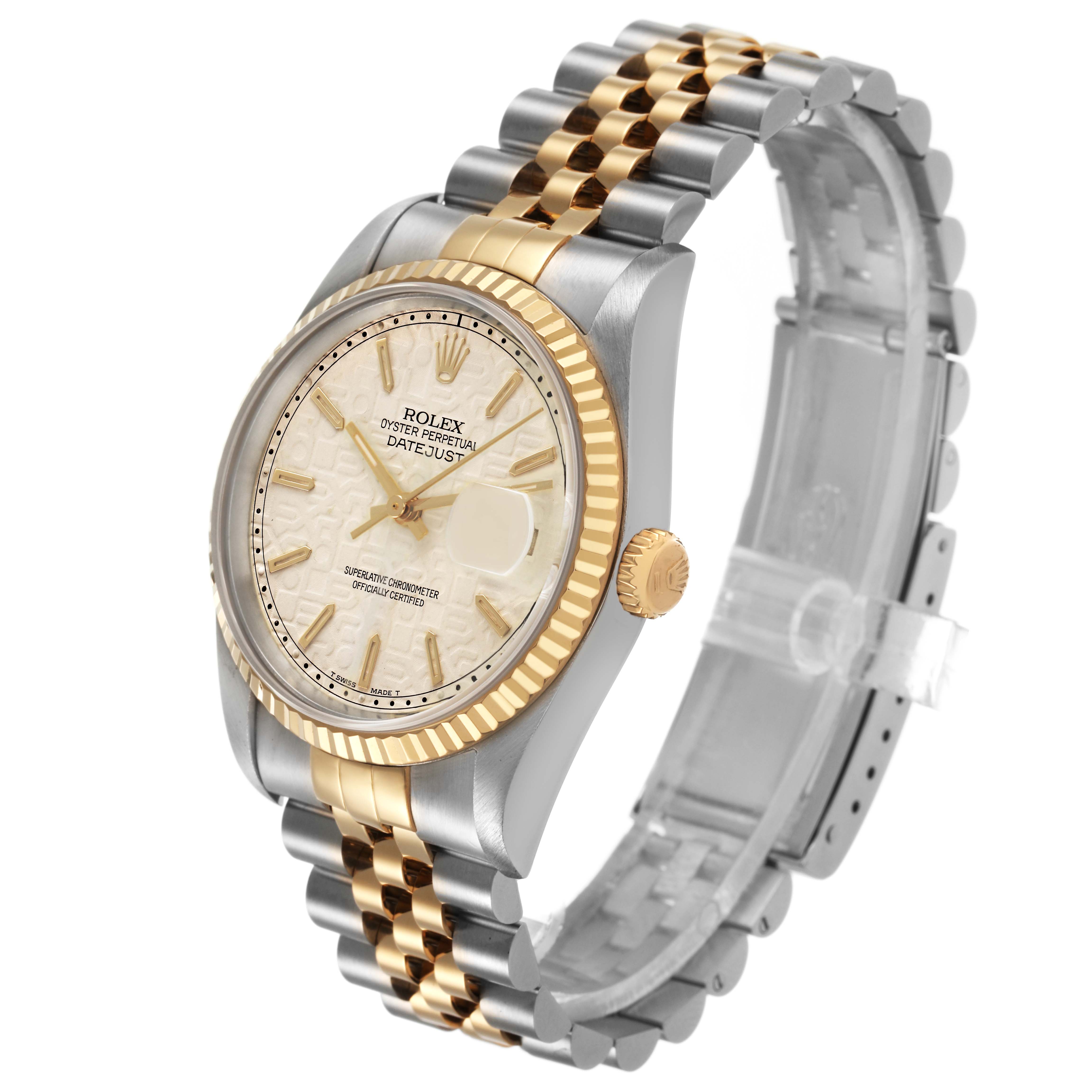The Rolex Datejust 16233 Men's Stainless Steel White Dial watch is shown at a three-quarter angle, highlighting the dial, bezel, crown, and two-tone Jubilee bracelet.