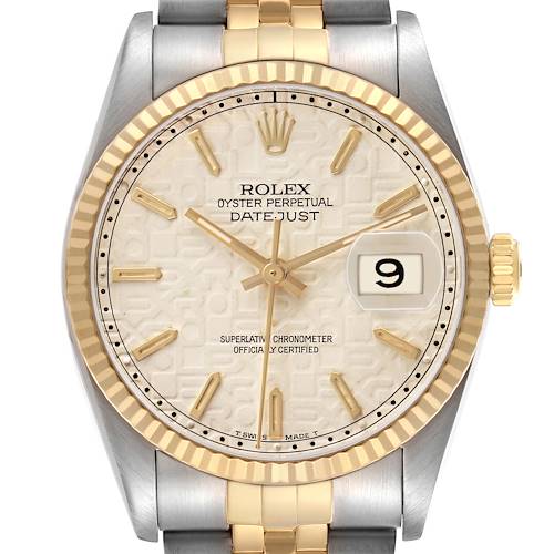 The image shows a front view of the Rolex Datejust 16233 Men's Stainless Steel White Dial, highlighting the dial, hands, bezel, crown, and part of the bracelet.
