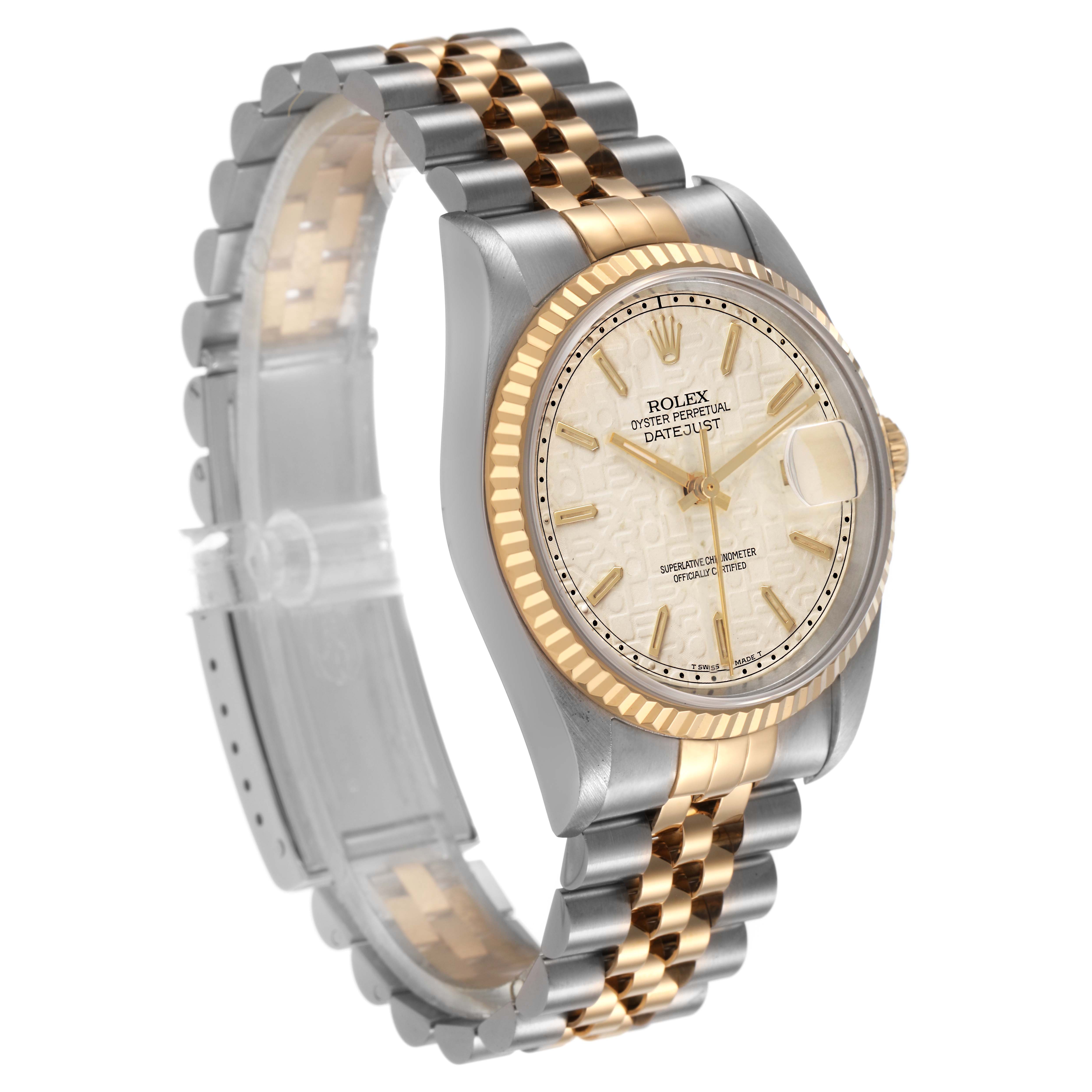 The Rolex Datejust 16233 Men's Stainless Steel White Dial watch is shown at a slight angle, displaying the dial, fluted bezel, and two-tone Jubilee bracelet.