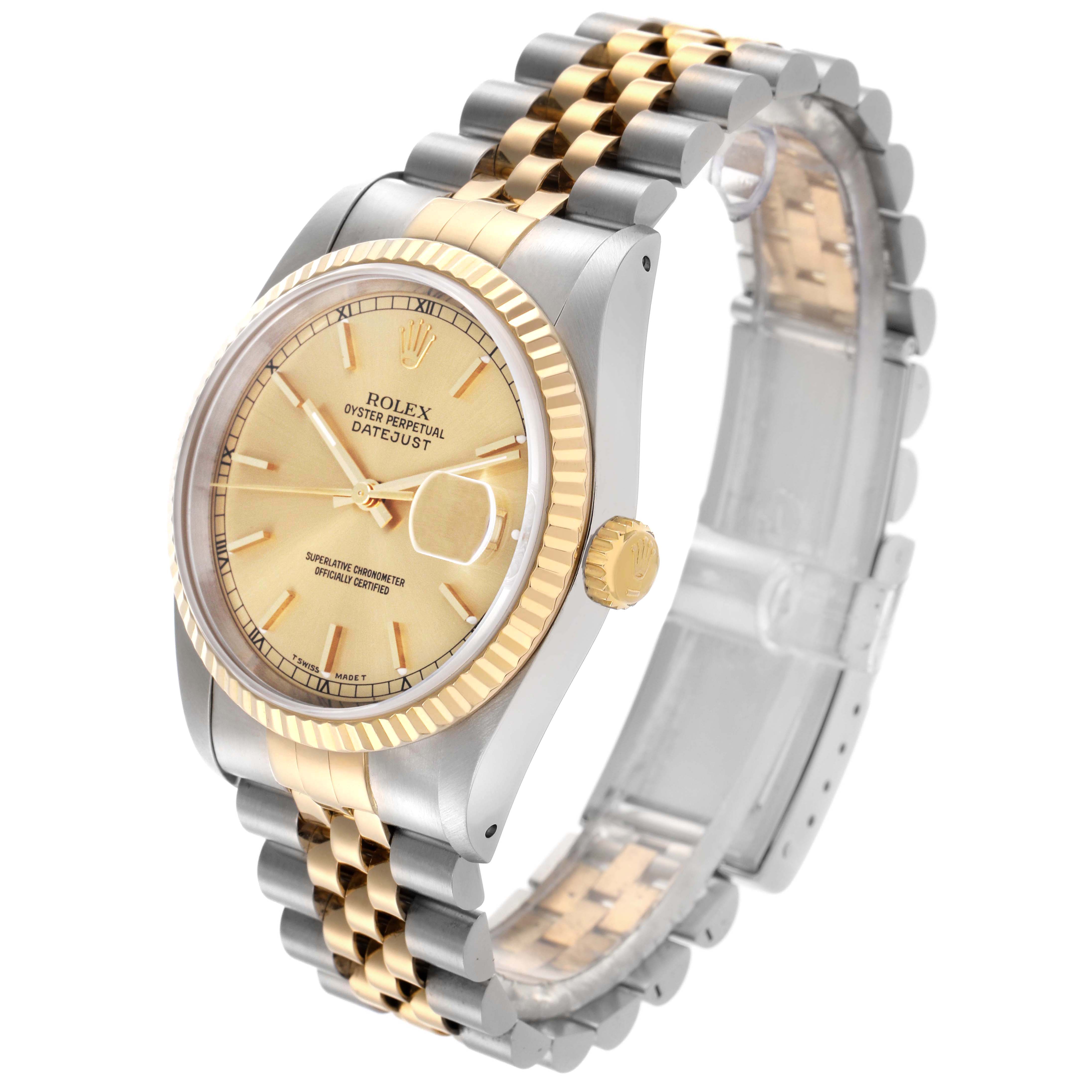 The Rolex Datejust 16233 Men
s Steel and Gold (two tone) Champagne Dial 16233 Men
s Steel and Gold (two tone) Champagne Dial watch is shown at a three-quarter angle highlighting the case, dial, fluted bezel, and two-tone bracelet.