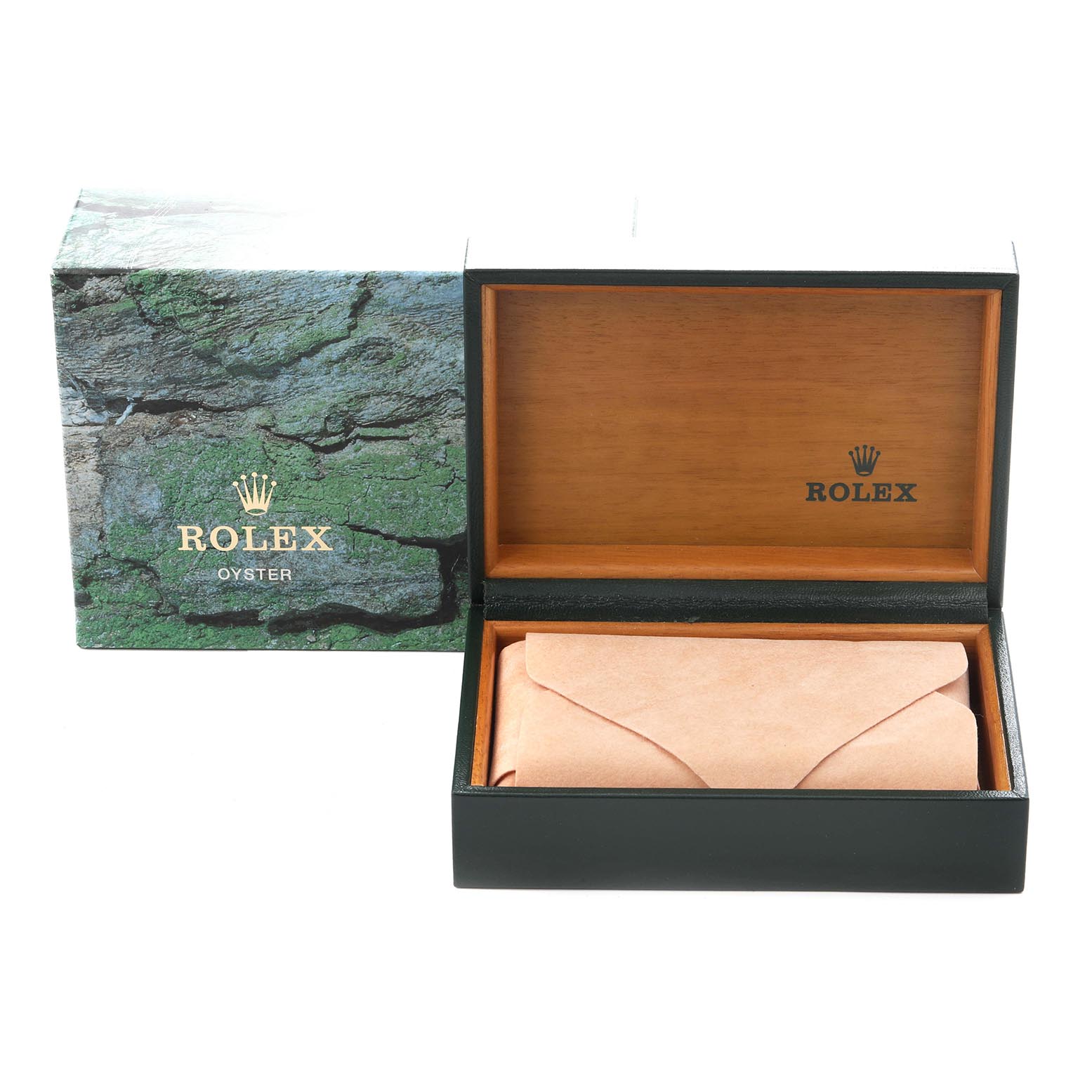 The image shows a Rolex Datejust 16233 Men
s Steel and Gold (two tone) Champagne Dial 16233 Men
s Steel and Gold (two tone) Champagne Dial watch box and outer packaging, with an open lid revealing the interior.