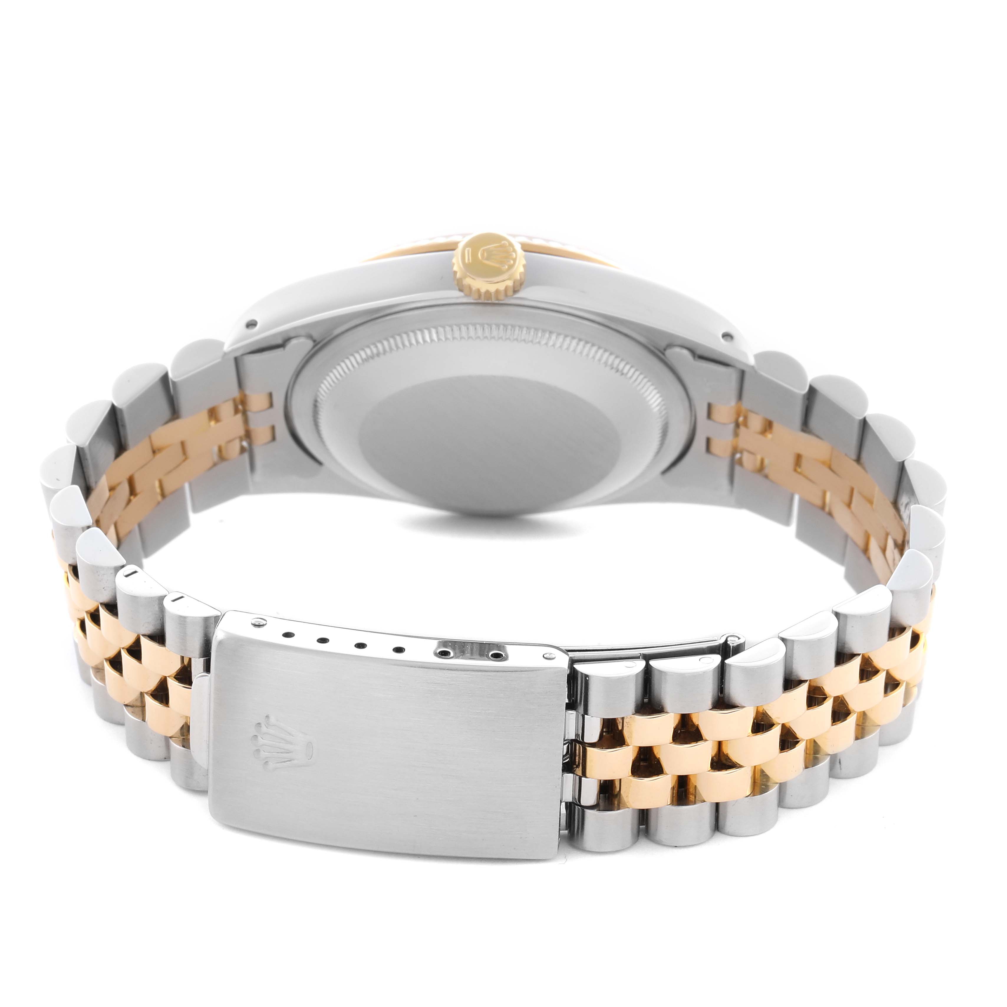 The Rolex Datejust 16233 Men
s Steel and Gold (two tone) Champagne Dial 16233 Men
s Steel and Gold (two tone) Champagne Dial is shown from the back, highlighting the two-tone bracelet, clasp, case back, and crown.