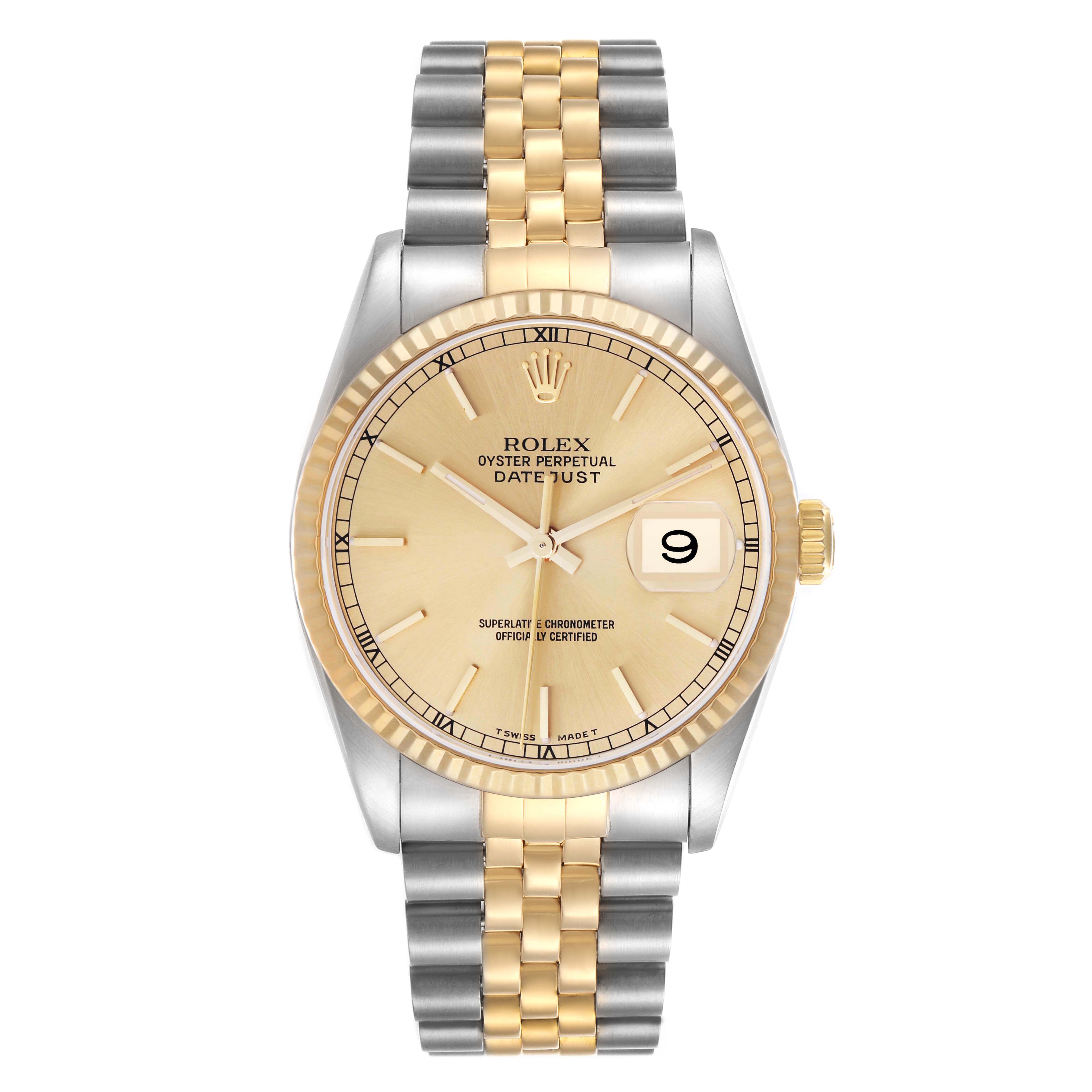 The Rolex Datejust 16233 Men
s Steel and Gold (two tone) Champagne Dial 16233 Men
s Steel and Gold (two tone) Champagne Dial watch is shown from the front, displaying the dial, hands, bracelet, and date feature clearly.