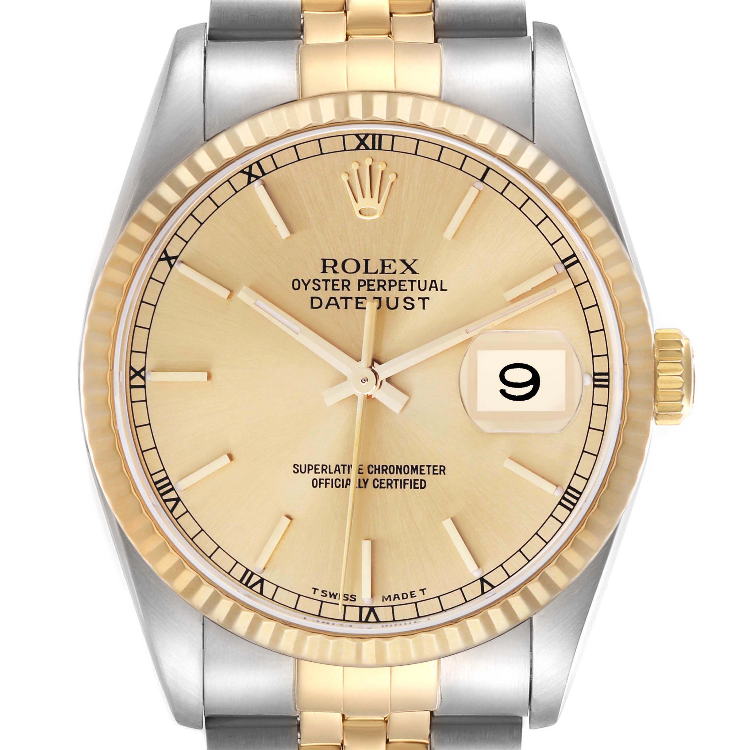 The Rolex Datejust 16233 Men
s Steel and Gold (two tone) Champagne Dial 16233 Men
s Steel and Gold (two tone) Champagne Dial watch is shown from a front angle, highlighting its dial, bezel, crown, and part of the bracelet.