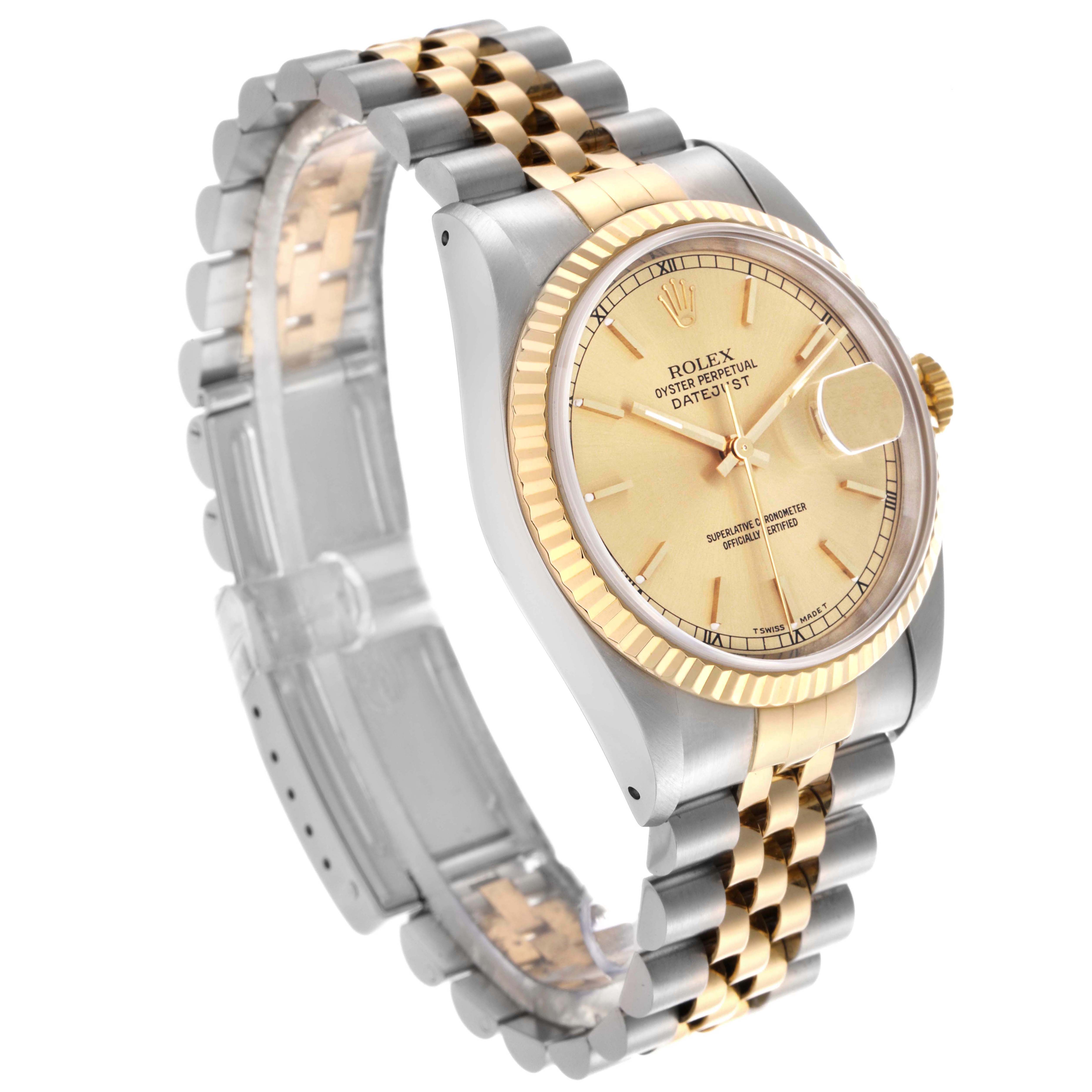 The Rolex Datejust 16233 Men
s Steel and Gold (two tone) Champagne Dial 16233 Men
s Steel and Gold (two tone) Champagne Dial watch is shown from a three-quarter angle, highlighting its gold and silver bracelet, fluted bezel, and champagne dial.