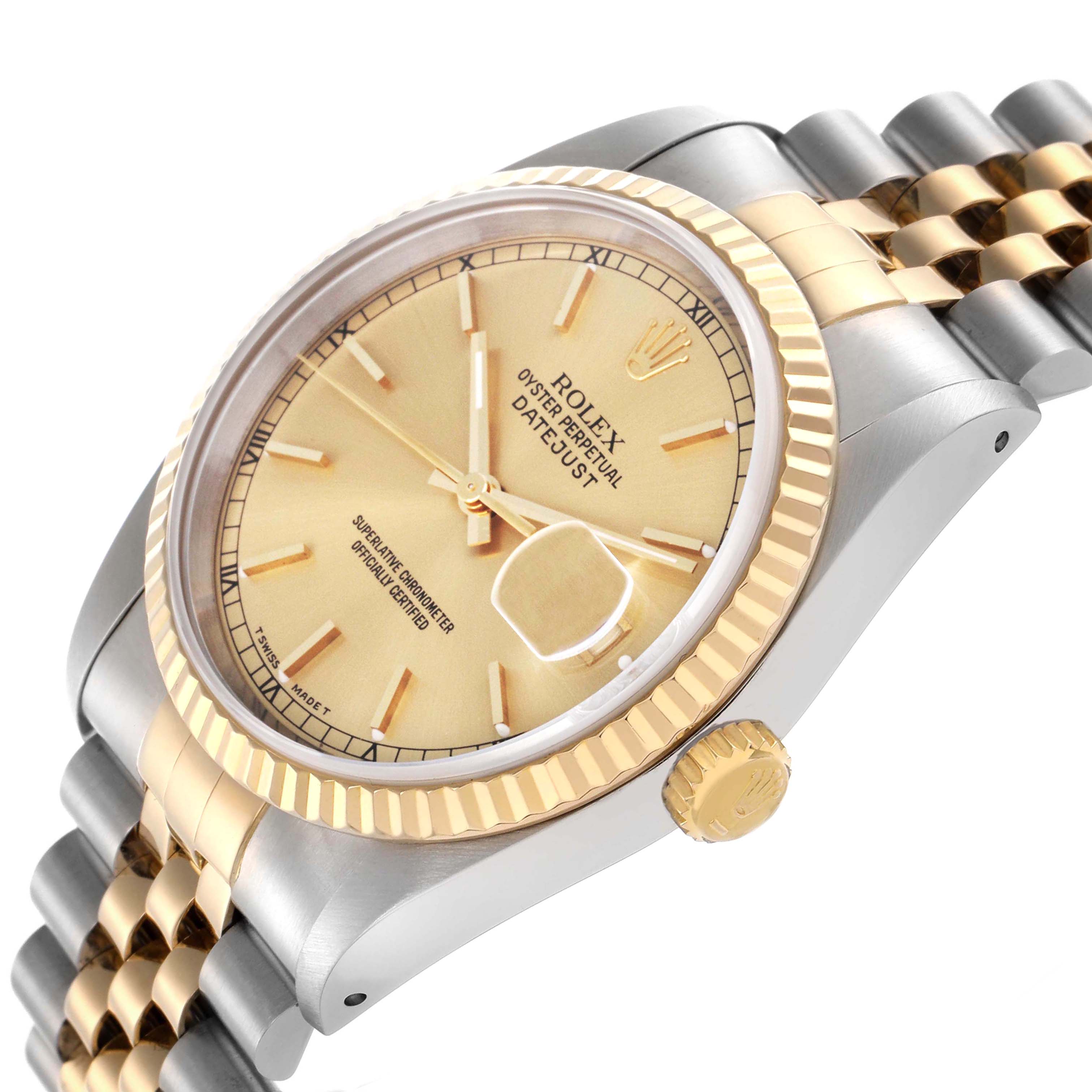 The Rolex Datejust 16233 Men
s Steel and Gold (two tone) Champagne Dial 16233 Men
s Steel and Gold (two tone) Champagne Dial watch is shown at a slight angle, highlighting the fluted bezel, crown, and Jubilee bracelet.