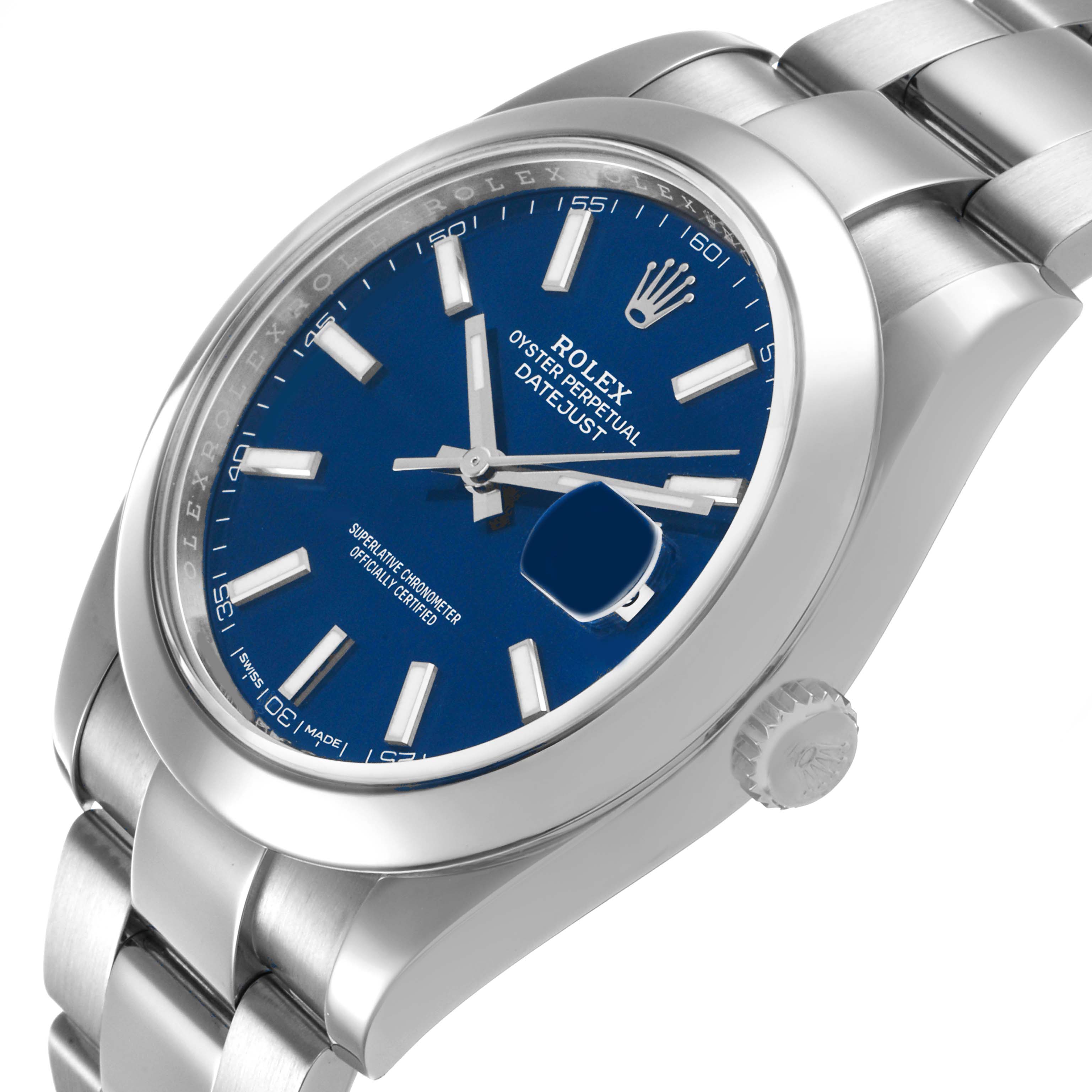 The Rolex Datejust 41 126300 Men's Stainless Steel Blue Dial is shown at a tilted angle highlighting the blue dial, bezel, crown, and part of the bracelet.