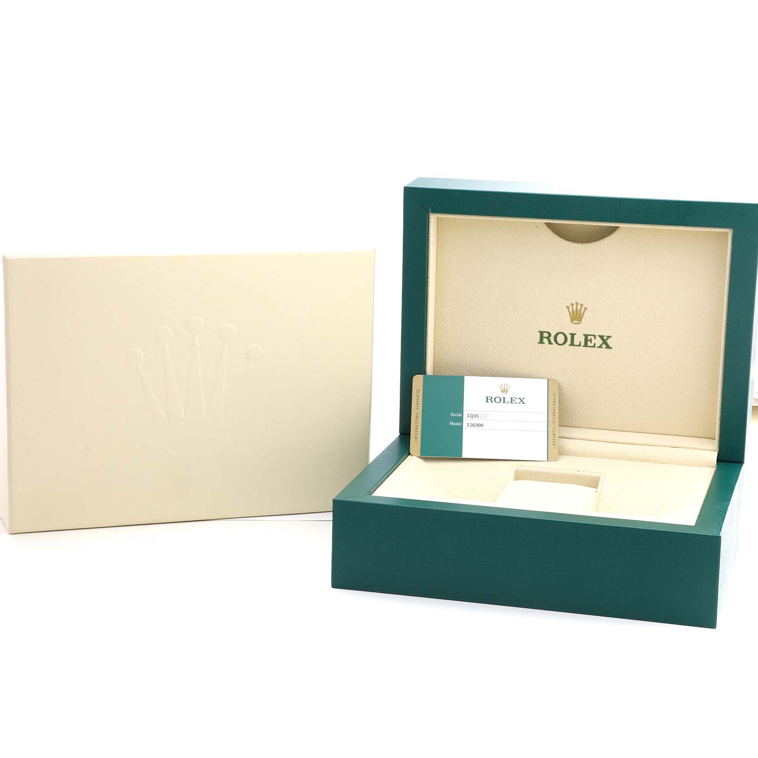 The image shows the open box and certification card for a Rolex Datejust 41 126300 Men's Stainless Steel Blue Dial, viewed from the front.