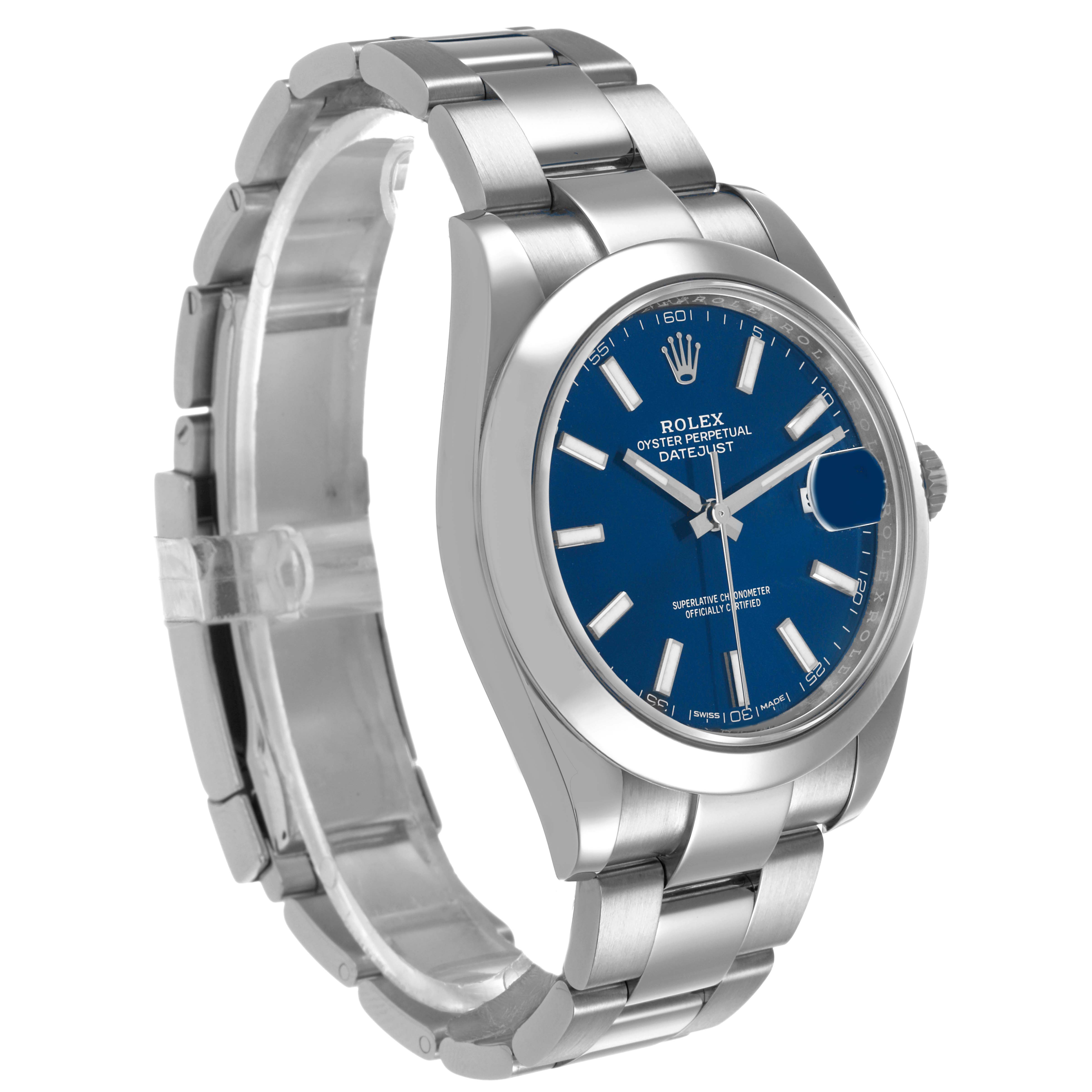 The Rolex Datejust 41 126300 Men's Stainless Steel Blue Dial is shown from a three-quarter angle, highlighting the dial, bezel, and bracelet.