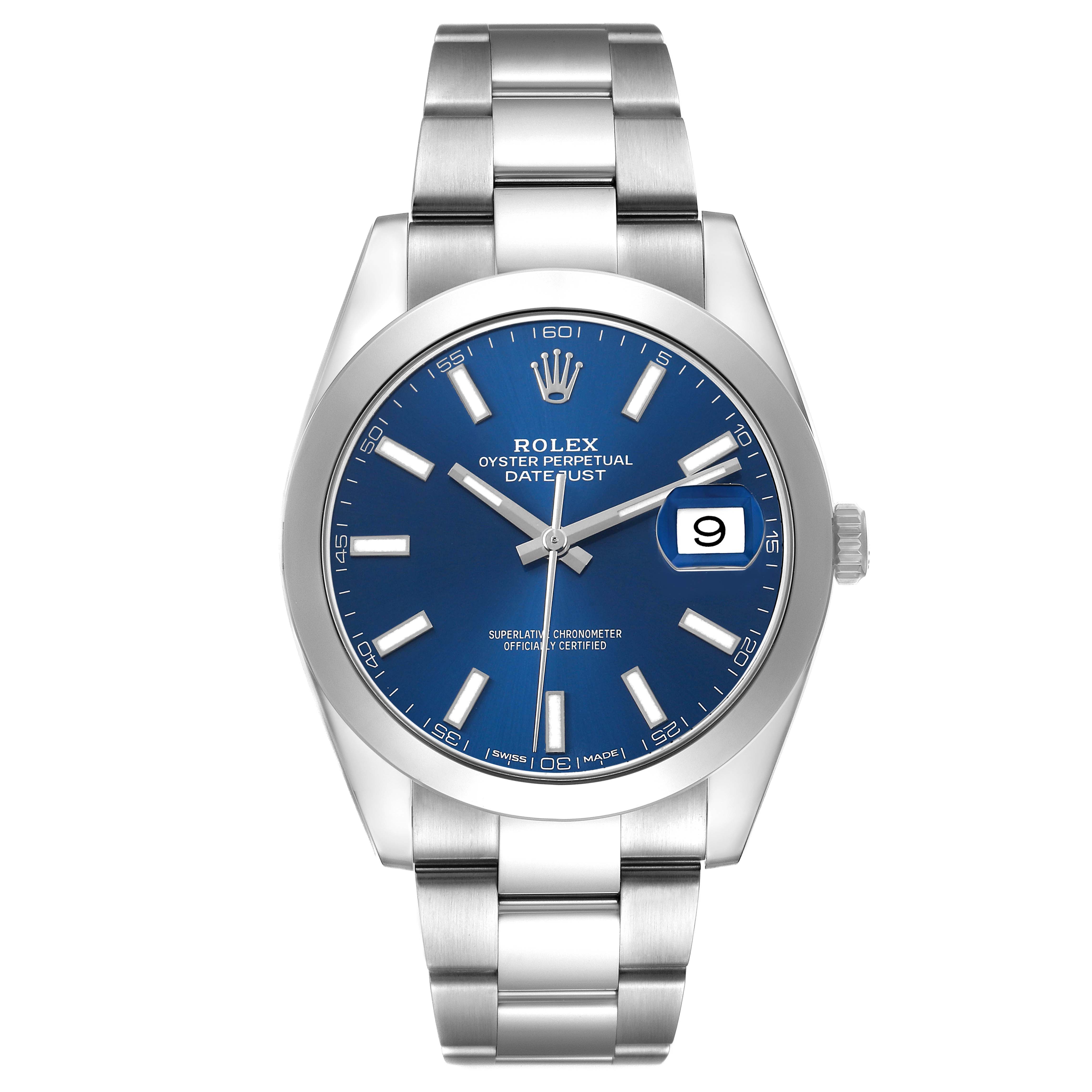 The Rolex Datejust 41 126300 Men's Stainless Steel Blue Dial is shown from the front, displaying its blue dial, hour markers, hands, and oyster bracelet.