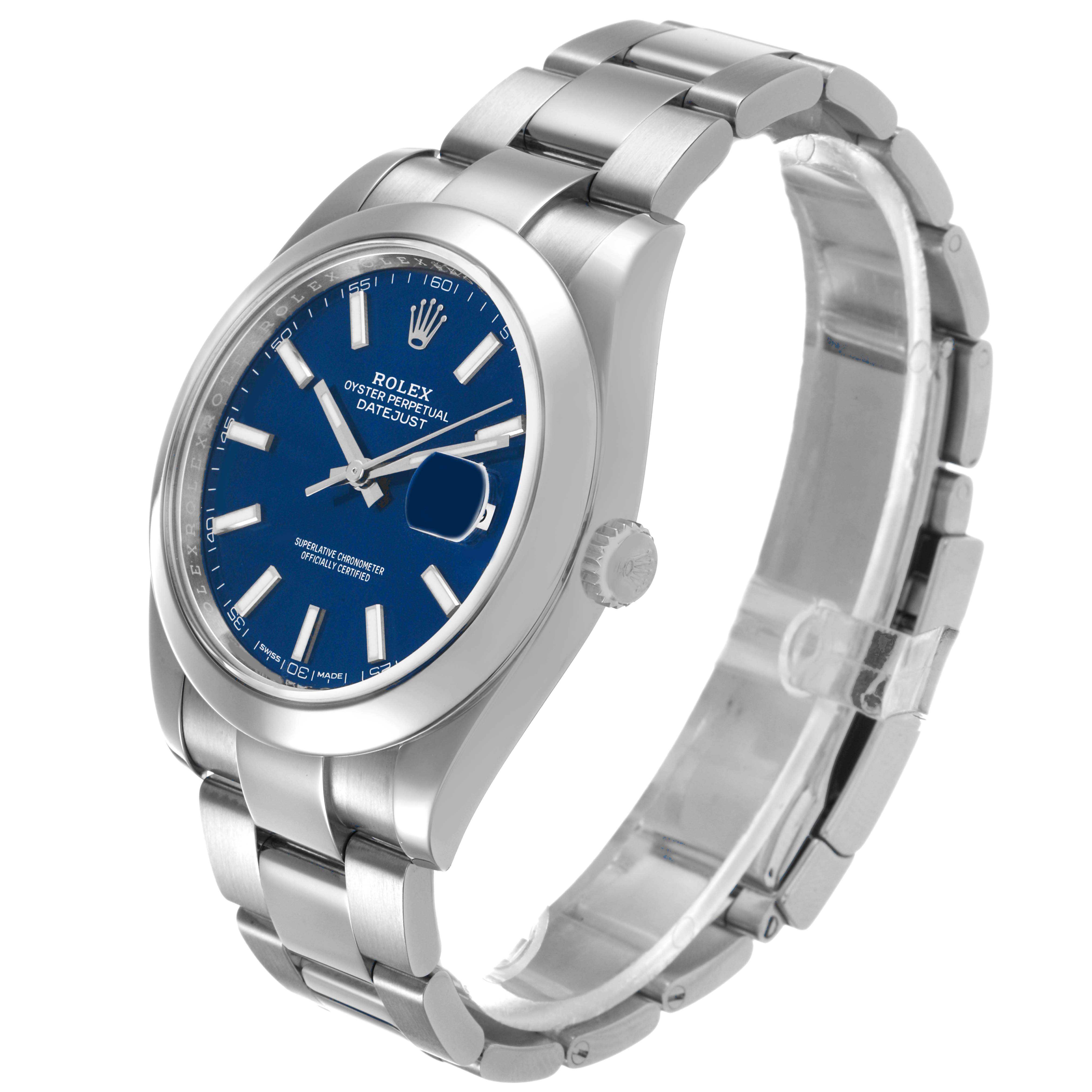 The Rolex Datejust 41 126300 Men's Stainless Steel Blue Dial watch is shown at a side angle, highlighting the face, bracelet, and crown.