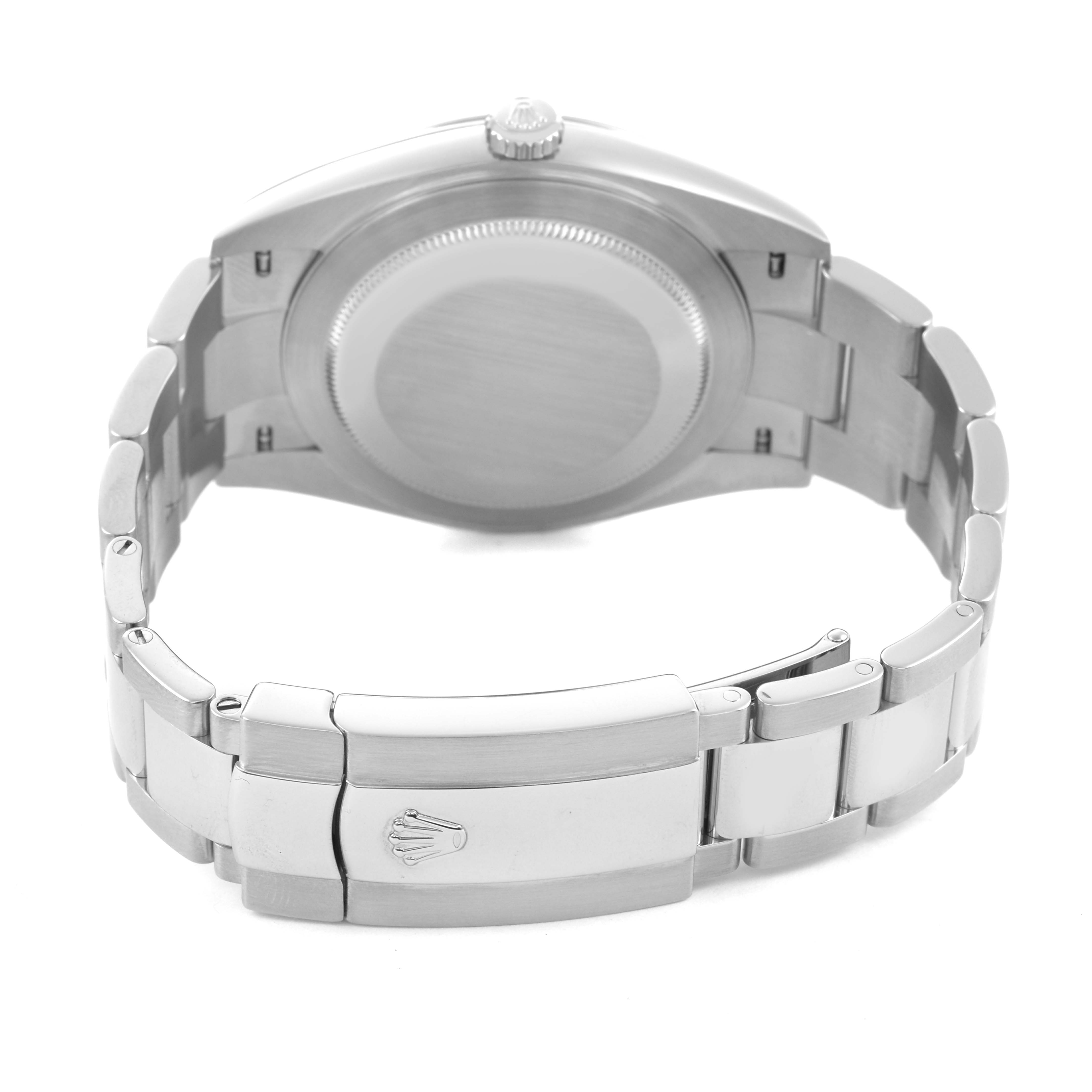 The image shows the back and clasp of the Rolex Datejust 41 126300 Men's Stainless Steel Blue Dial, highlighting the bracelet and watch case.