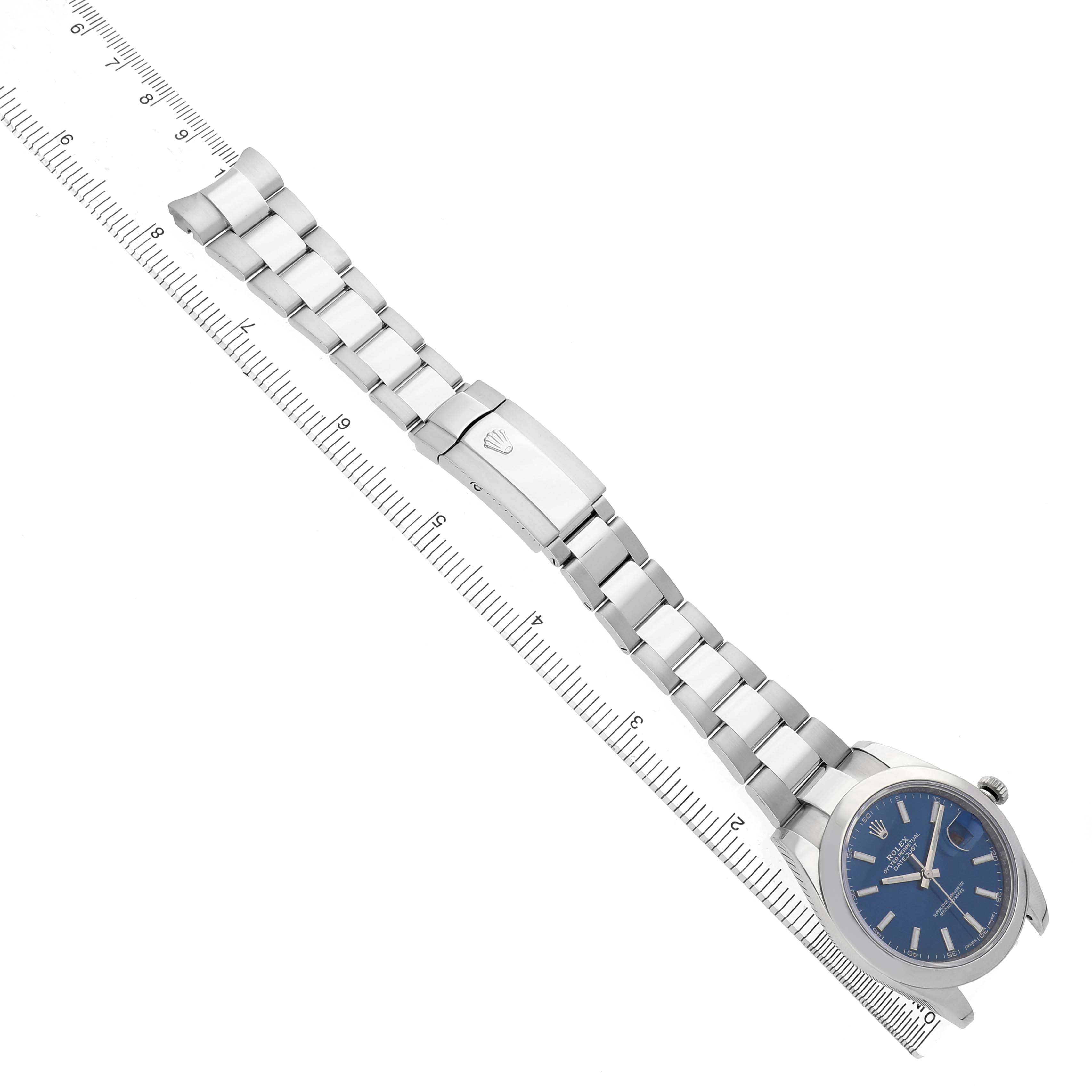 The Rolex Datejust 41 126300 Men's Stainless Steel Blue Dial is shown from an overhead angle, displaying its blue dial, full bracelet, and clasp.