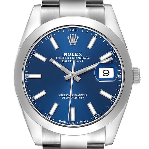 The Rolex Datejust 41 126300 Men's Stainless Steel Blue Dial is shown from the front, highlighting its blue dial, markers, hands, date window, and bezel.