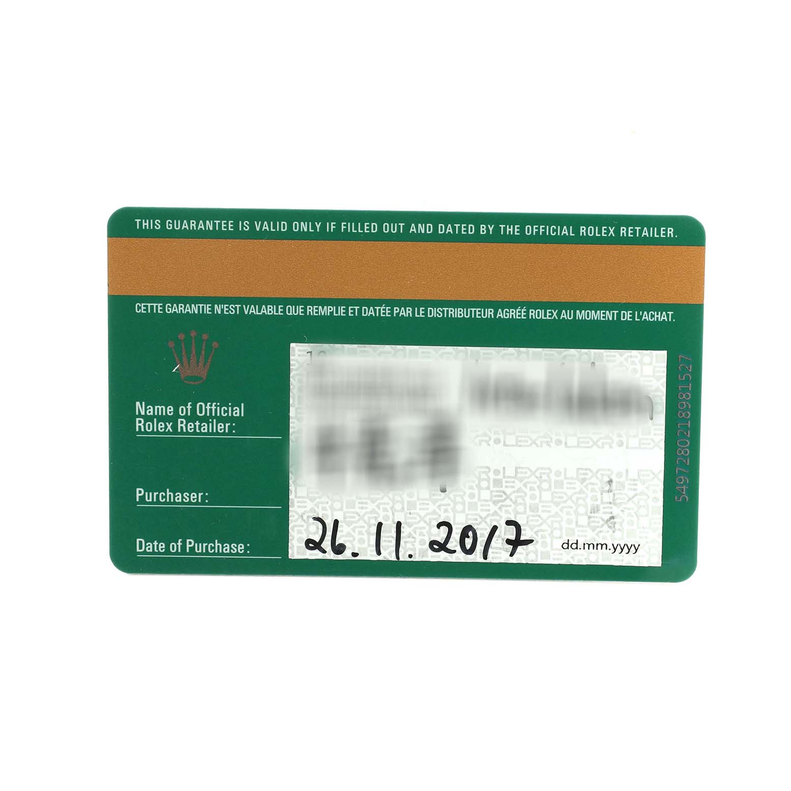 The image shows a warranty card for a Rolex Datejust 41 126300 Men's Stainless Steel Blue Dial watch, displaying purchase details.