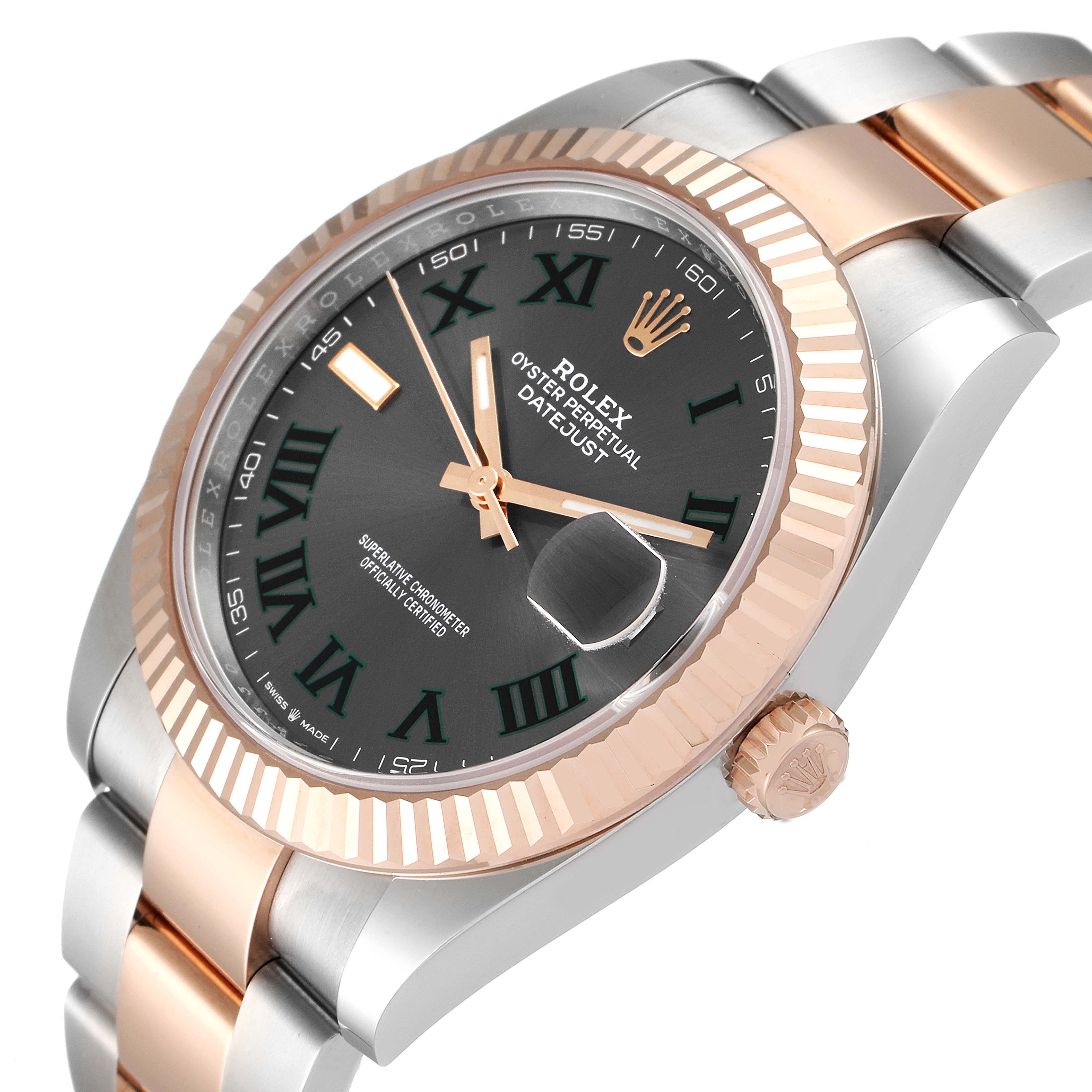 The image shows a close-up angle of the Rolex Datejust 41 126331 Men's Steel and Gold (two tone) Grey Dial 126331 Men's Steel and Gold (two tone) Grey Dial watch, highlighting the dial, bezel, crown, and bracelet.