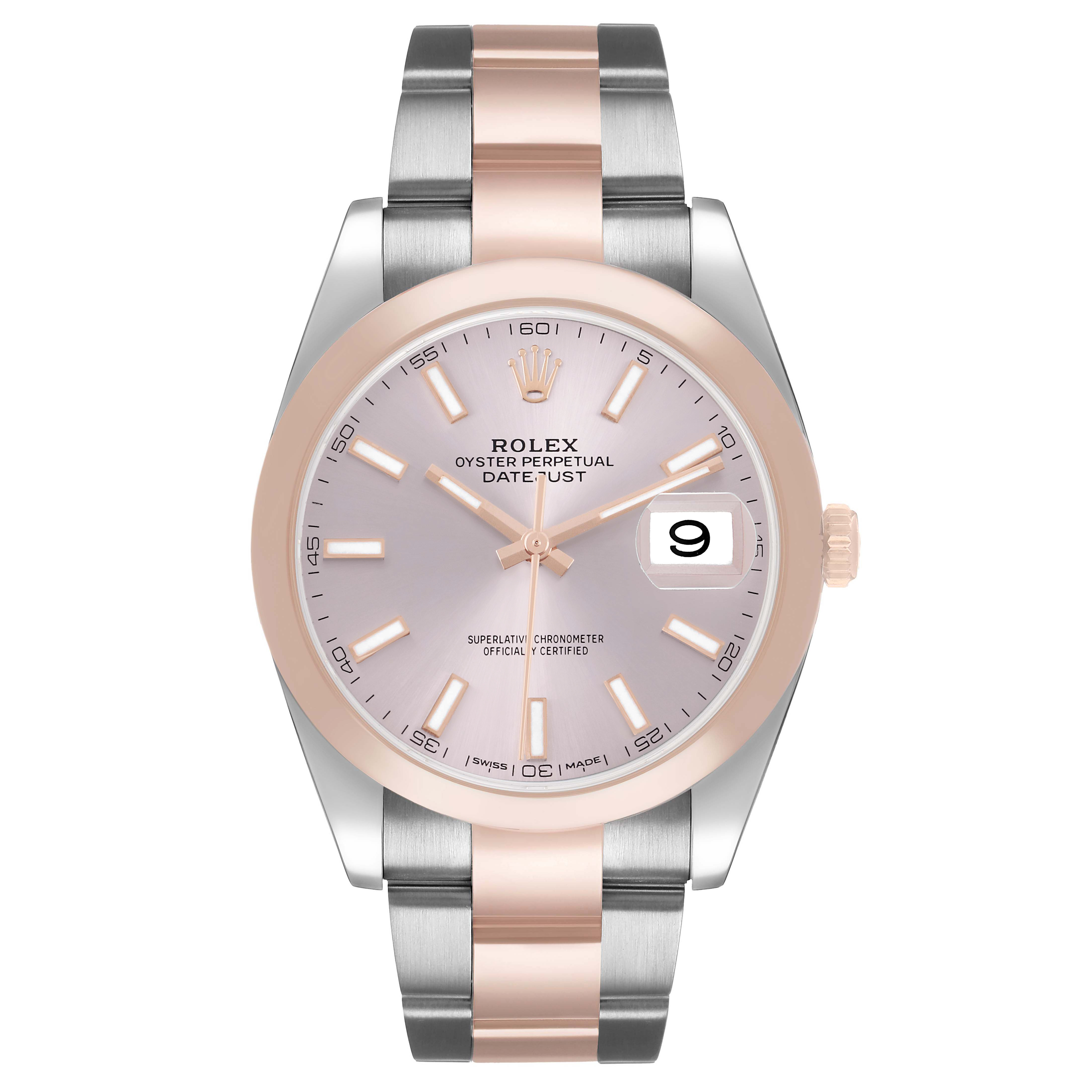 The image shows a front view of the Rolex Datejust 41 126301 Men's Steel and Gold (two tone) Pink Dial, highlighting its two-tone bracelet and dial with a date display.