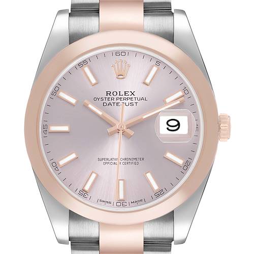 The Rolex Datejust 41 126301 Men's Steel and Gold (two tone) Pink Dial watch is shown from a front angle, displaying the dial, bezel, and part of the bracelet.