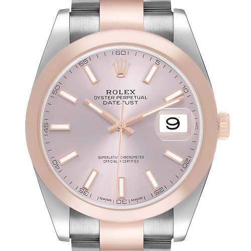 The Rolex Datejust 41 126301 Men's Steel and Gold (two tone) Pink Dial watch is shown from a front angle, highlighting the dial, bezel, and part of the bracelet.
