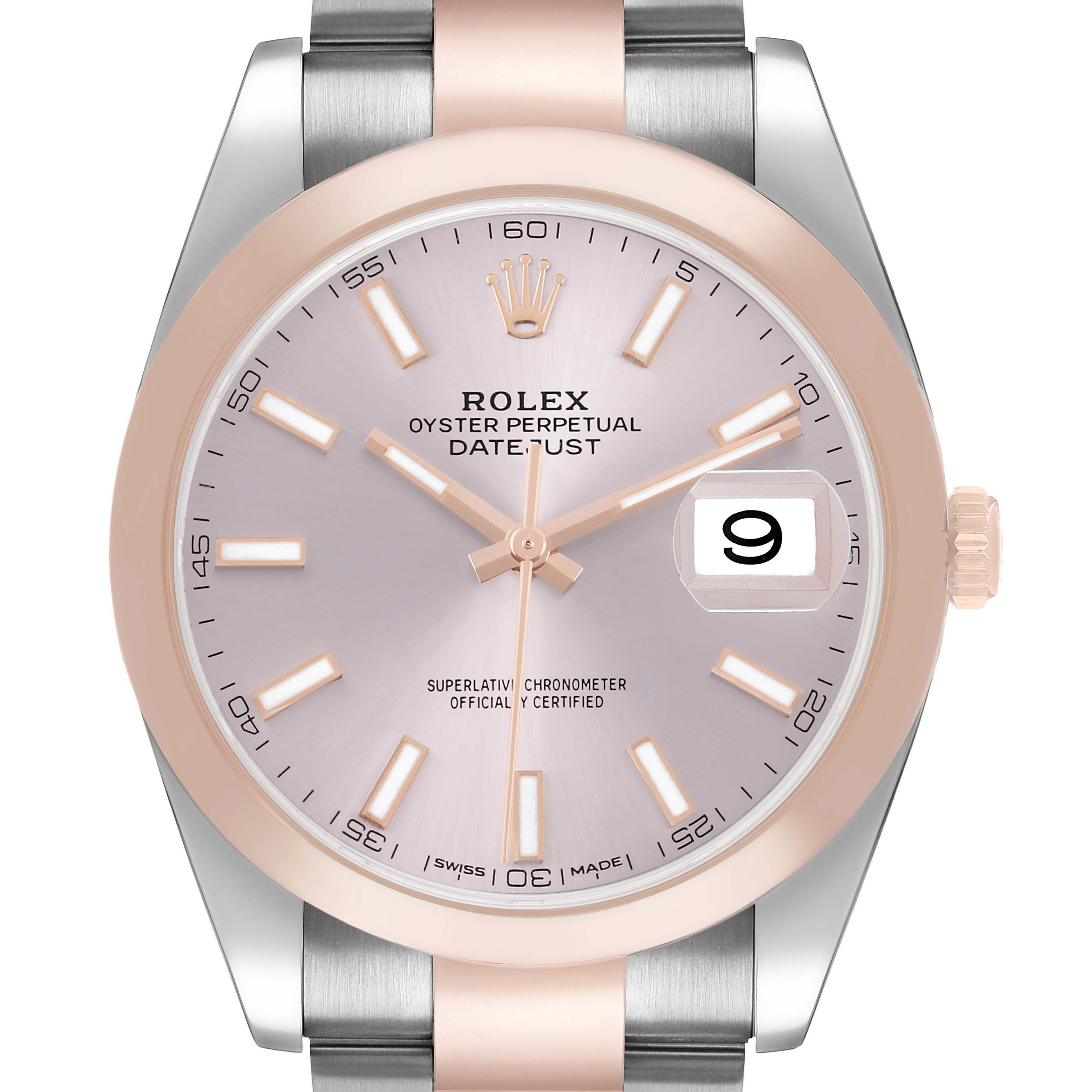The Rolex Datejust 41 126301 Men's Steel and Gold (two tone) Pink Dial is shown from a front angle, highlighting its dial, markers, and bezel, with a clear view of the date.