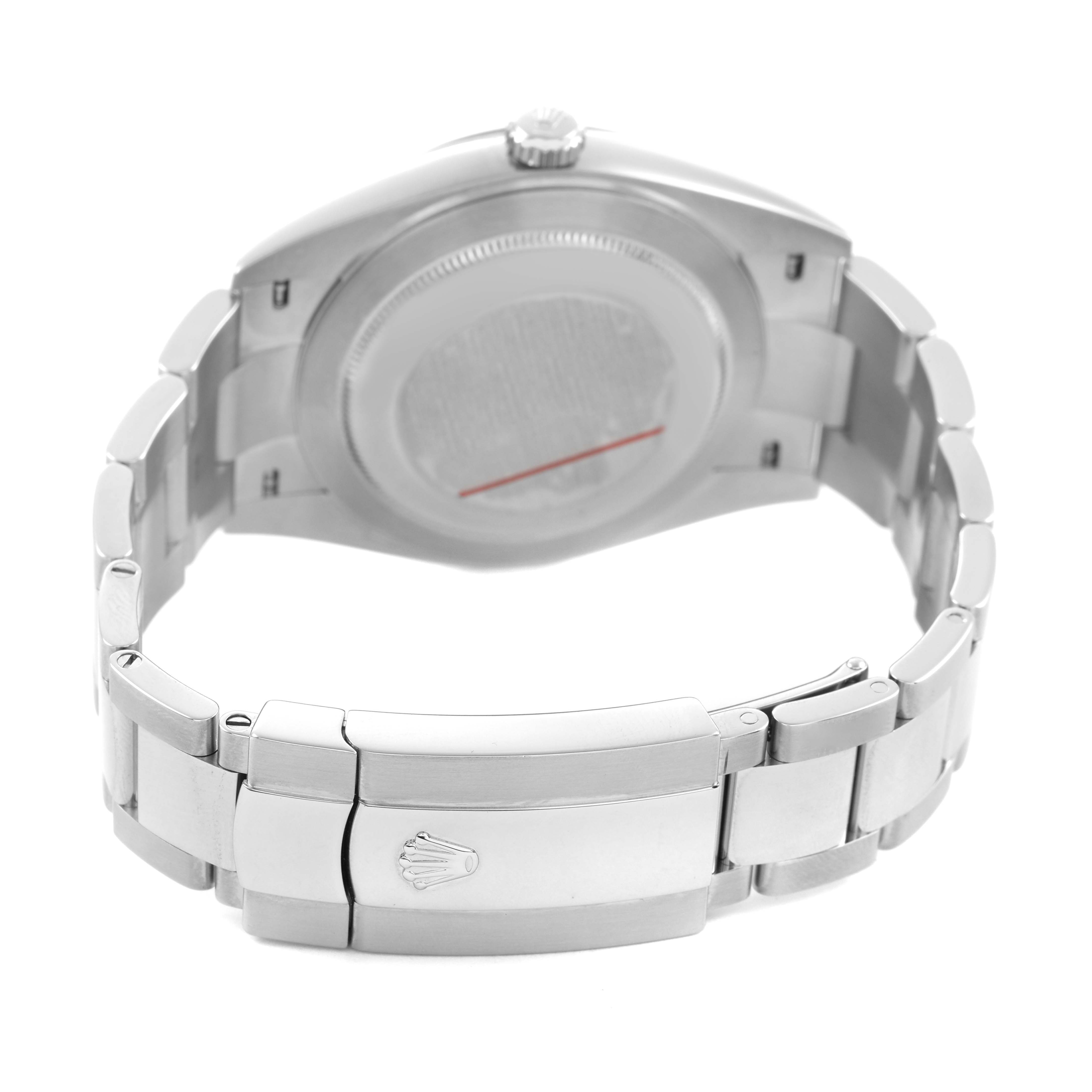 The Rolex Datejust 41 126300 Men's Stainless Steel Silver Dial is shown from the back, highlighting the case back, bracelet, and clasp.