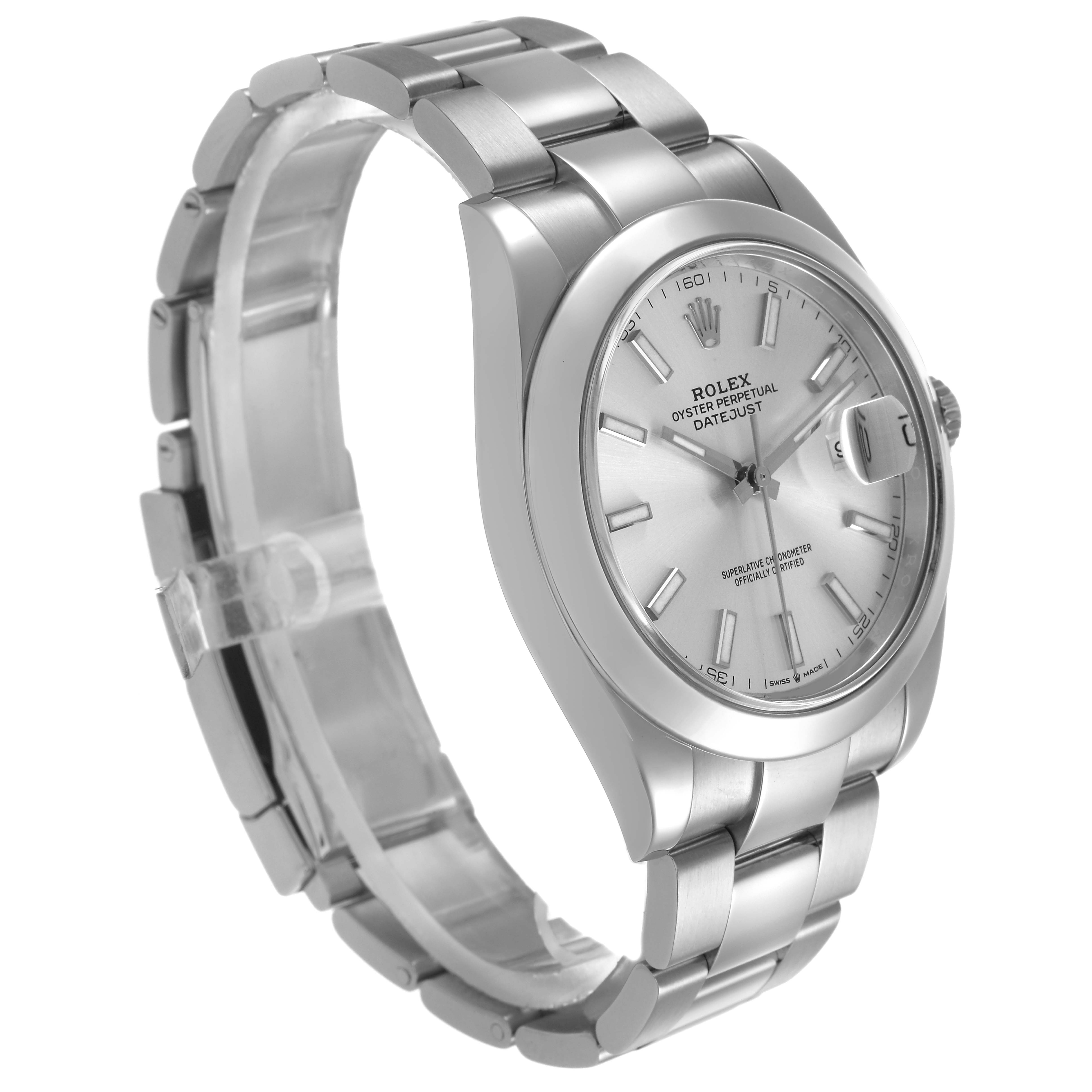 The Rolex Datejust 41 126300 Men's Stainless Steel Silver Dial watch is shown at a three-quarter angle, highlighting the dial, case, and bracelet.