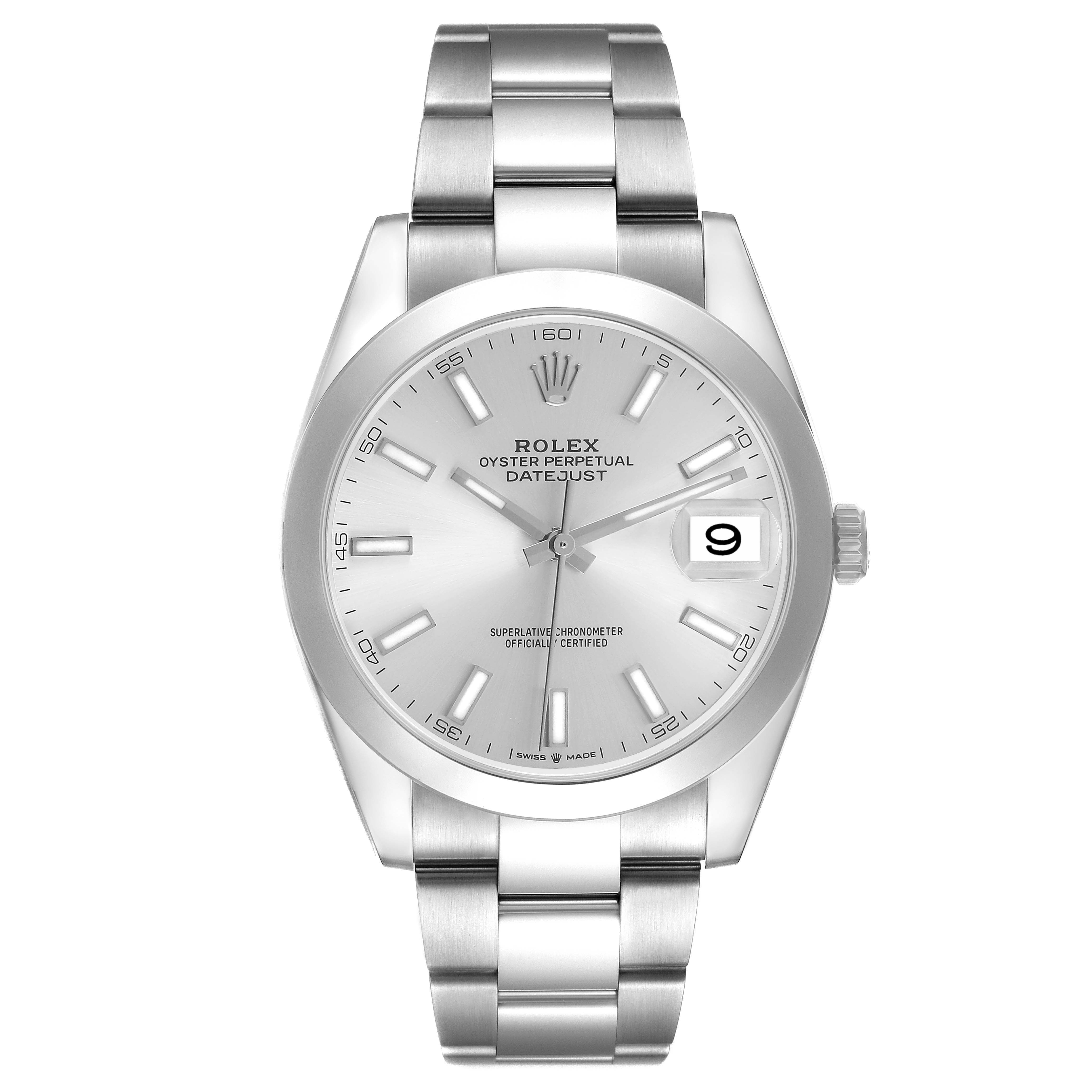 The image shows a front view of the Rolex Datejust 41 126300 Men's Stainless Steel Silver Dial, highlighting its dial, bezel, and stainless steel bracelet.